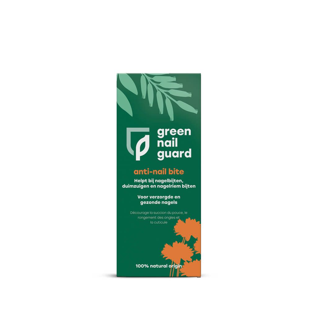 Emballage vert avec motif de feuilles et de fleurs. Texte : 'green nail guard anti-nail bite'.