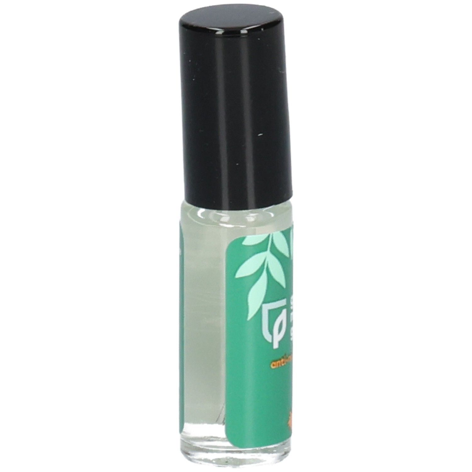 Rouleau de protection des ongles transparent avec capuchon noir et étiquette verte à motif de feuilles.