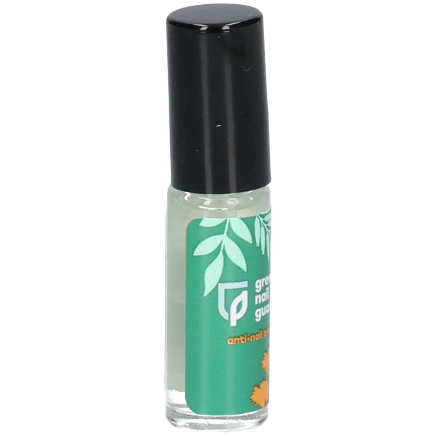 Rouleau de protection des ongles avec capuchon noir et étiquette verte à motifs de feuilles et fleurs.