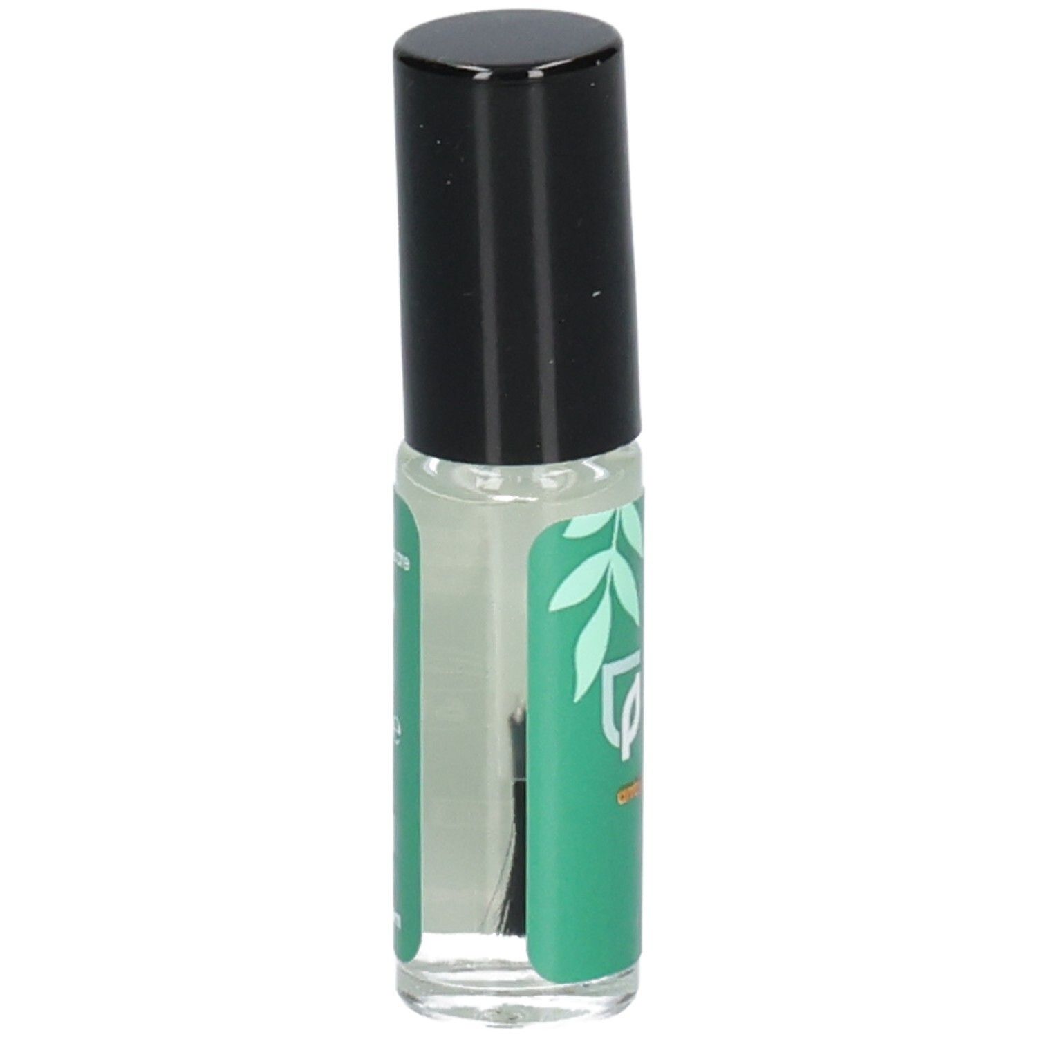 Rouleau de protection des ongles au contenu transparent, avec capuchon noir et étiquette verte.