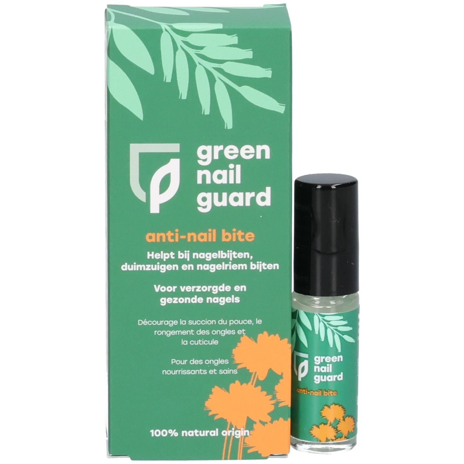 Rouleau de protection des ongles et emballage avec inscription 'green nail guard' et 'anti-nail bite'.