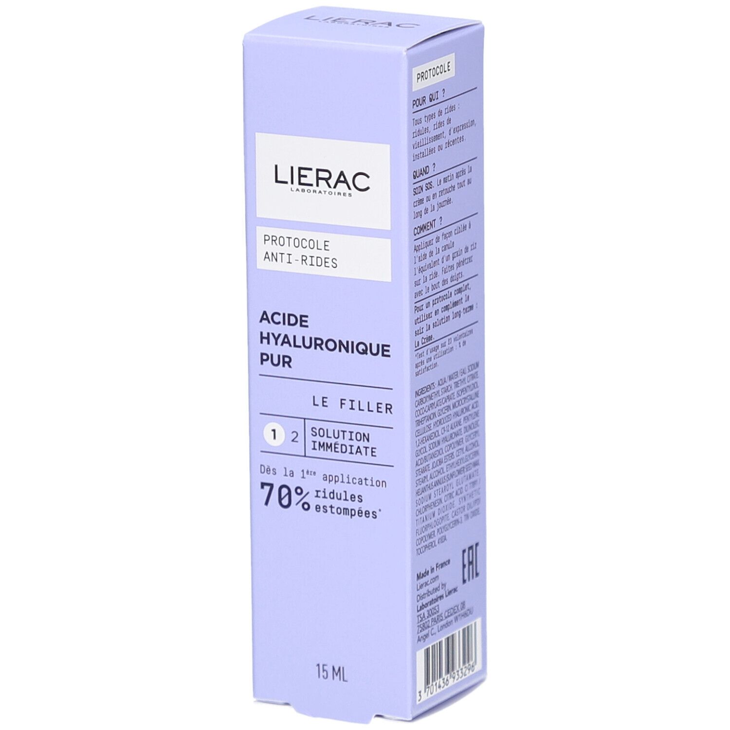 Boîte lilas. Logo Lierac. Texte : Protocole Anti-Rides, Acide Hyaluronique Pur, Le Filler. 15 ml. 70% des rides estompées.