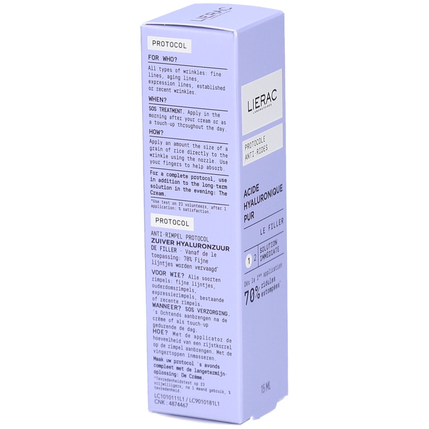 Boîte lilas. Logo Lierac. Texte : Protocole Anti-Rides, Acide Hyaluronique Pur, Le Filler. 0.50 FL.OZ. Informations en néerlandais.