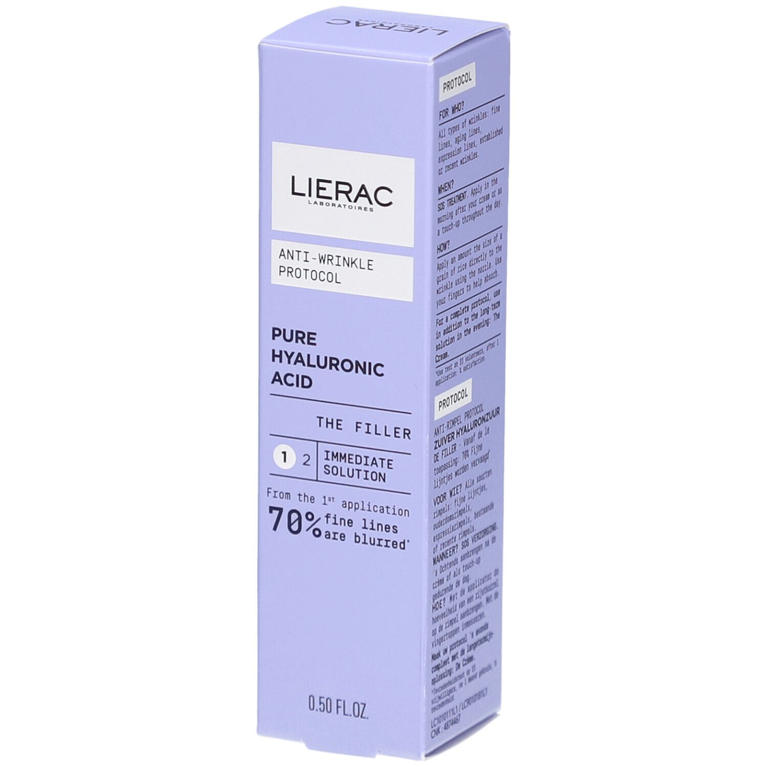 Boîte lilas. Logo Lierac. Texte : Anti-Wrinkle Protocol, Pure Hyaluronic Acid, The Filler. 0.50 FL.OZ. 70% des ridules sont estompées.