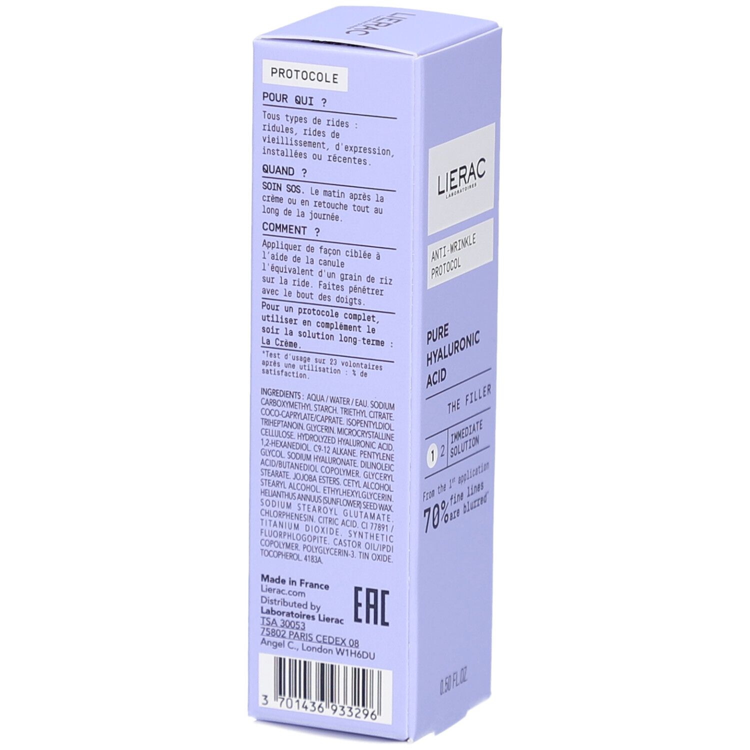 Boîte lilas. Logo Lierac. Texte : Anti-Wrinkle Protocol, Pure Hyaluronic Acid, The Filler. 0.50 FL.OZ. Ingrédients et informations.