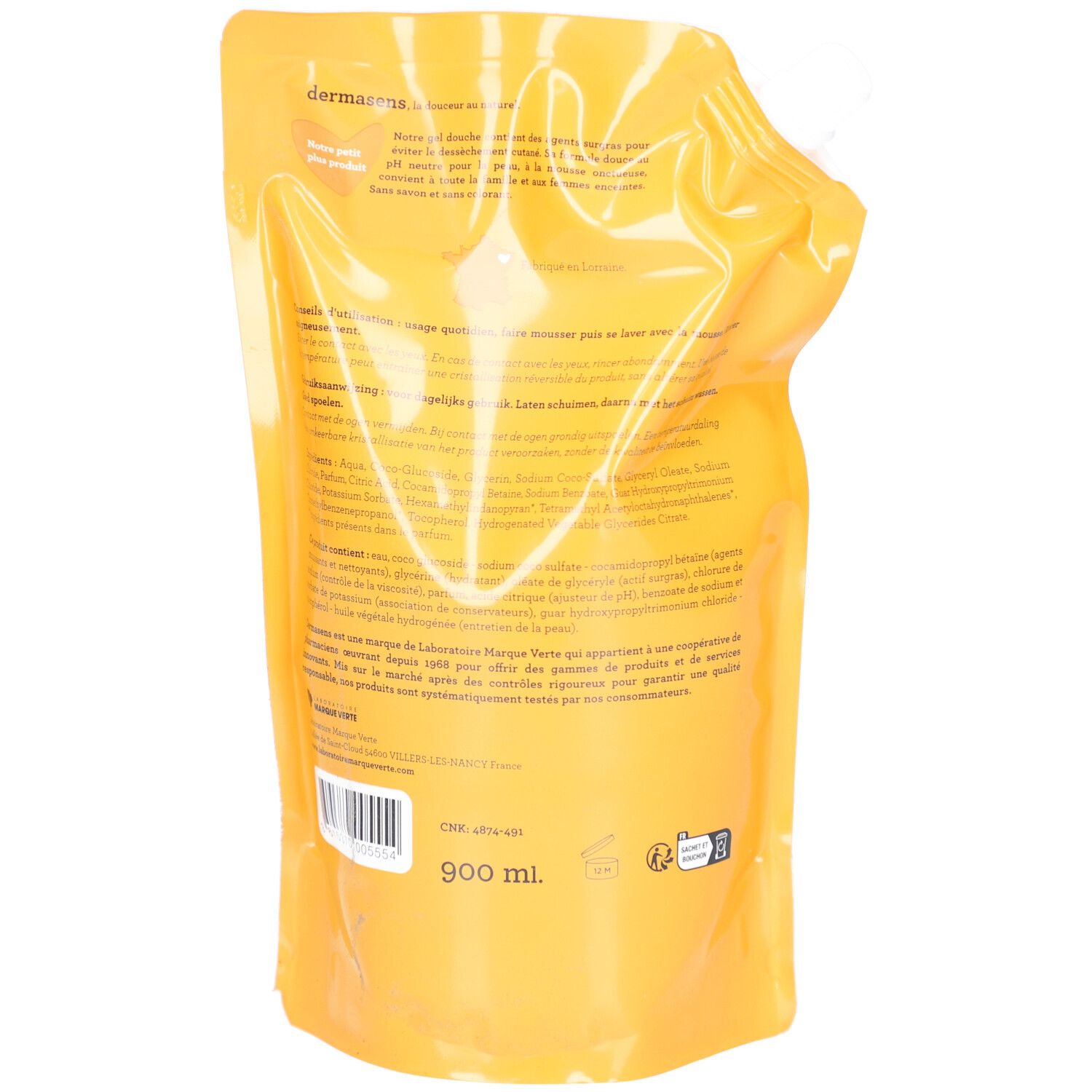 Dos jaune de la recharge. Texte: "dermasens", "900 ml".