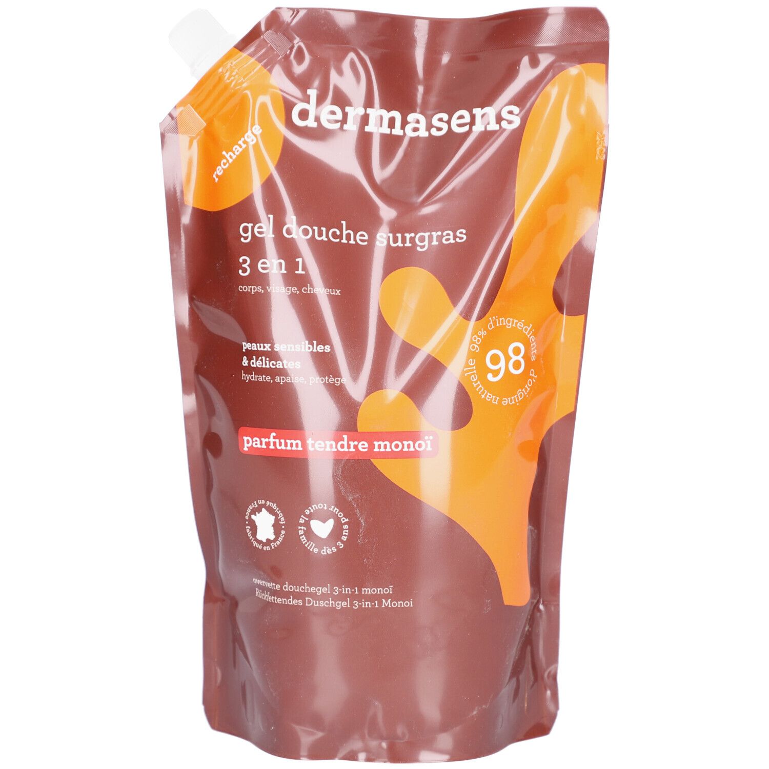 Recharge souple. Texte: gel douche surgras 3 en 1, parfum tendre monoï. Marque: dermasens. Logos.