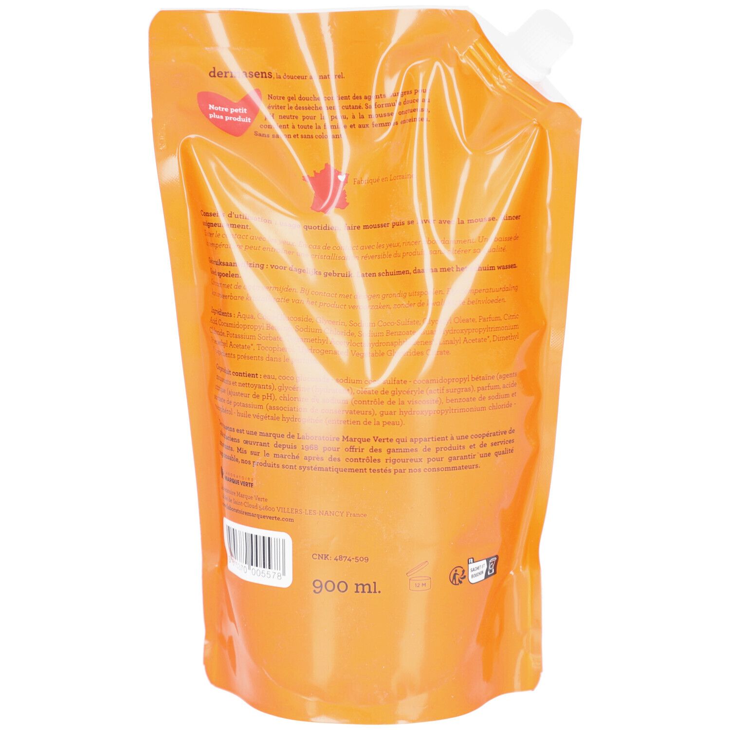 Dos de la recharge. Texte: 900 ml. Informations et logos.