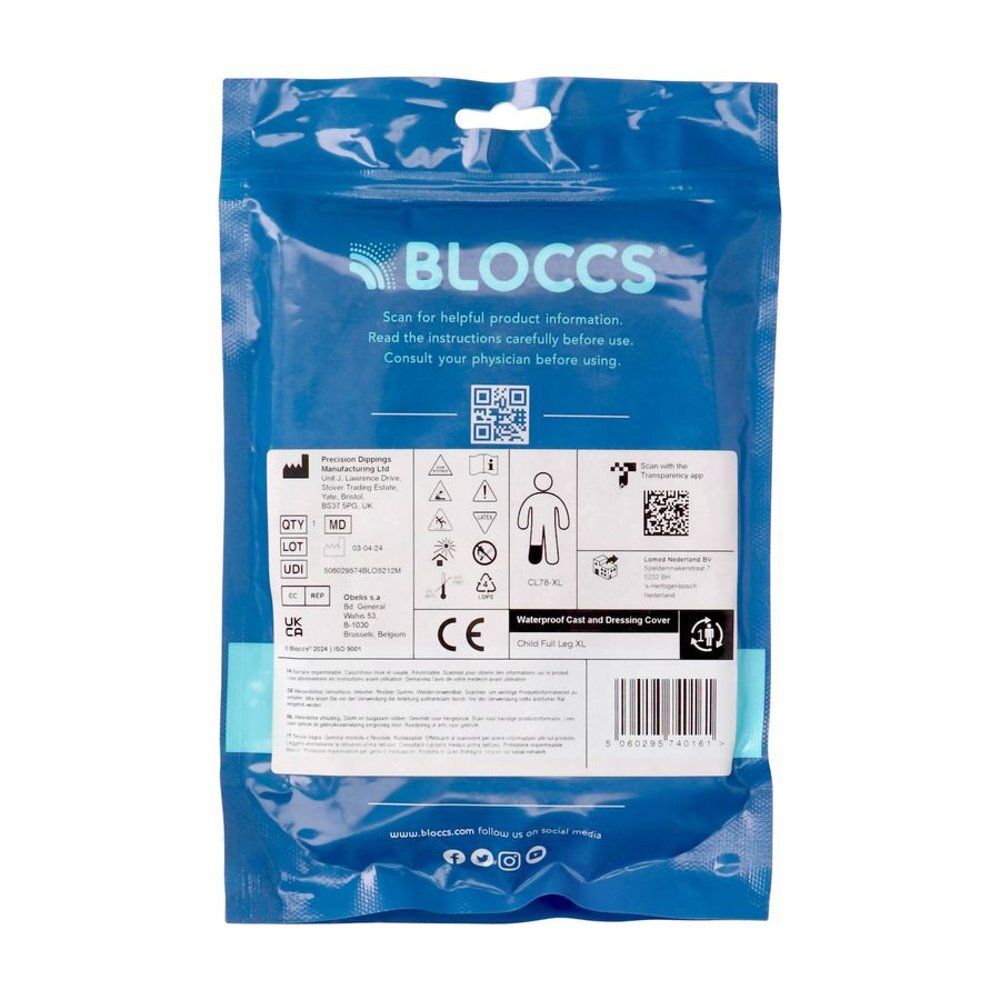 Emballage bleu avec informations produit et code QR. Texte: Bloccs, Waterproof Cast and Dressing Cover. Marquage CE.