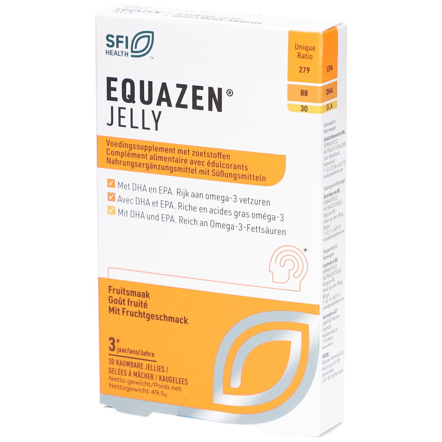 Boîte Equazen Jelly. Blanche et orange, avec nom et logos du produit. Contient 30 gelées à mâcher.