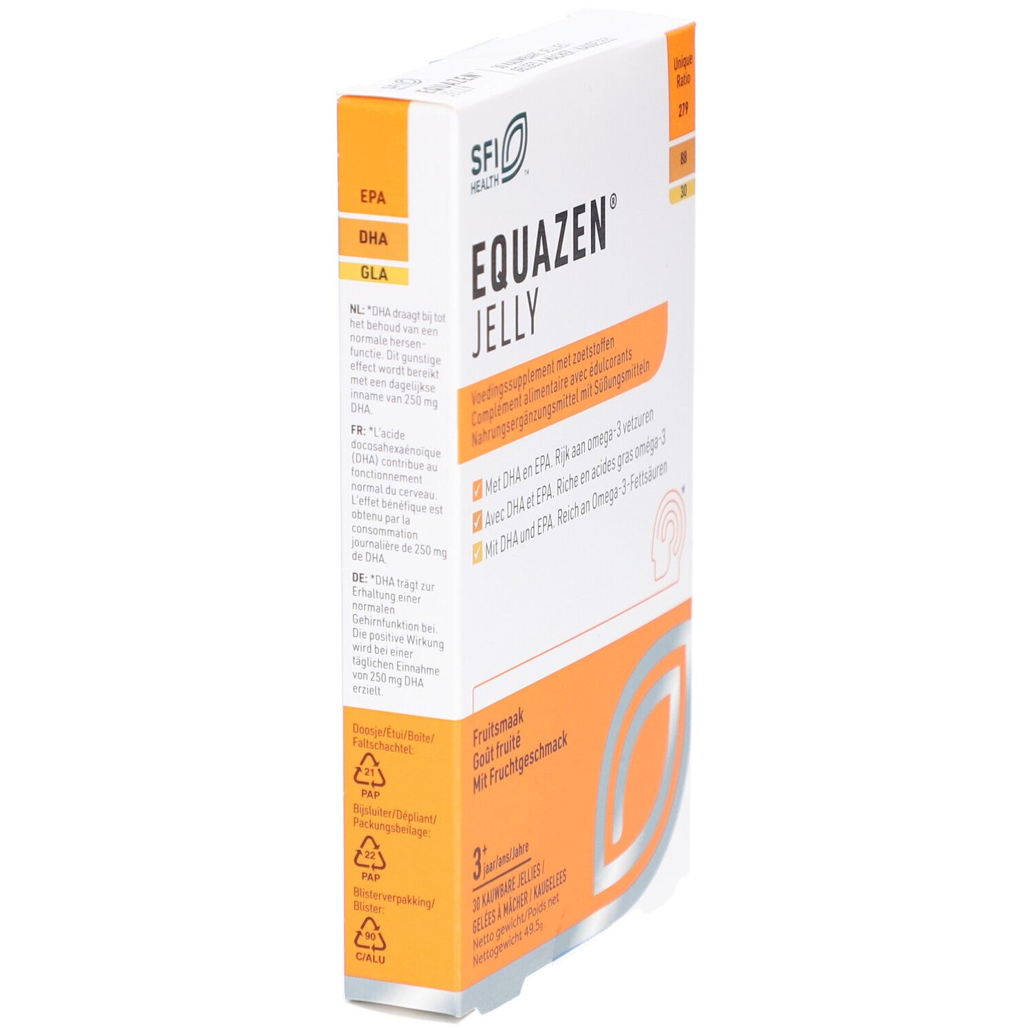 Boîte Equazen Jelly en biais. Blanche et orange, avec nom et logos du produit. Contient 30 gelées à mâcher.