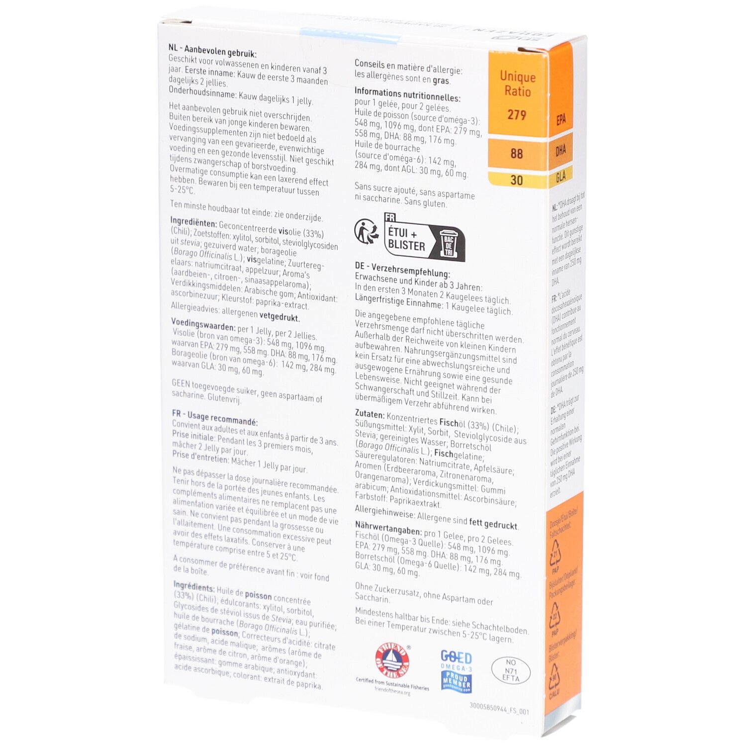 Dos de la boîte Equazen Jelly. Contient des informations sur les ingrédients et la valeur nutritionnelle. Blanc et orange.