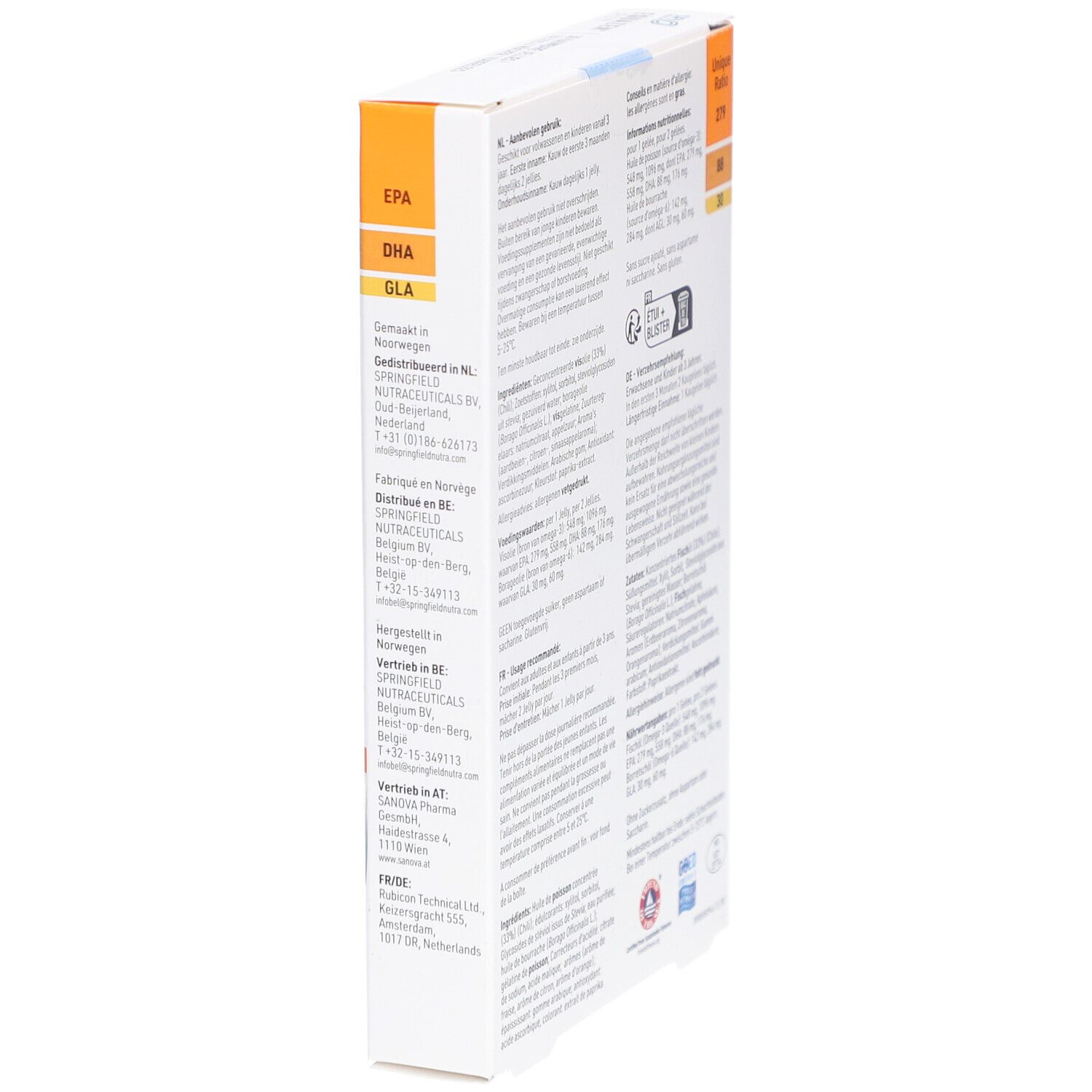 Vue latérale de la boîte Equazen Jelly. Contient des informations sur les ingrédients et la valeur nutritionnelle. Blanc et orange.