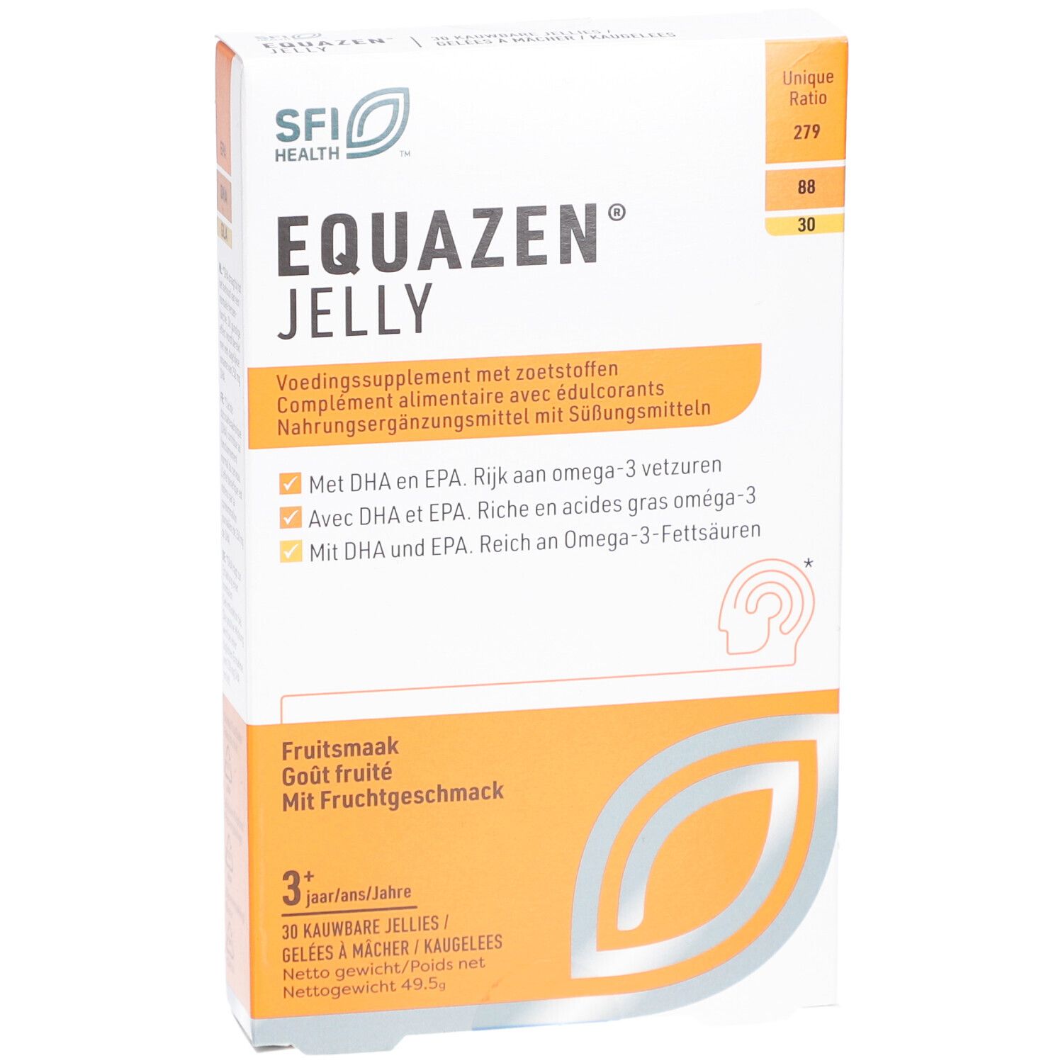 Boîte Equazen Jelly. Blanche et orange, avec nom et logos du produit. Contient 30 gelées à mâcher.