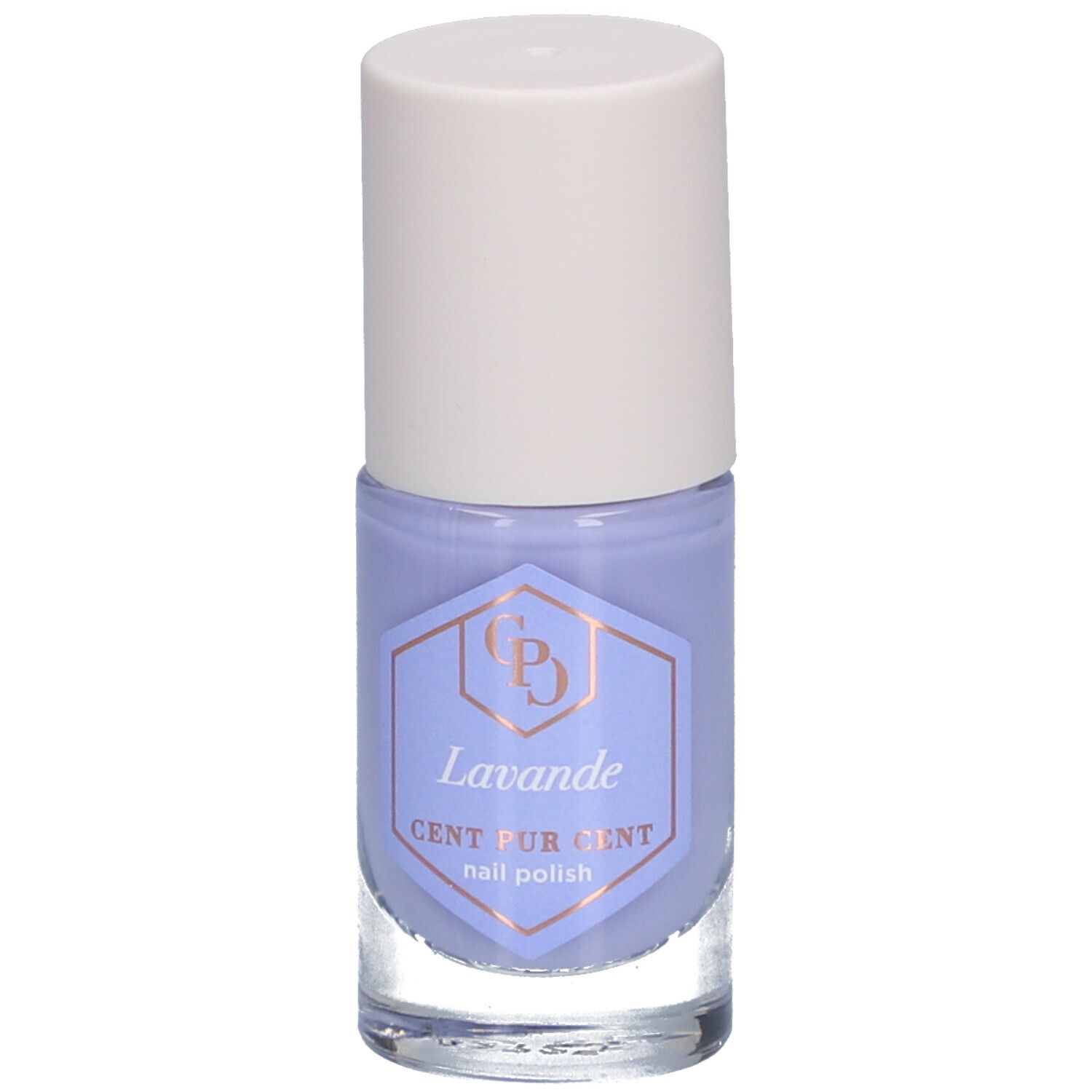 Flacon de vernis à ongles lavande. Bouchon blanc, flacon en verre avec étiquette. Inscription : Lavande, Cent Pur Cent, vernis à ongles.