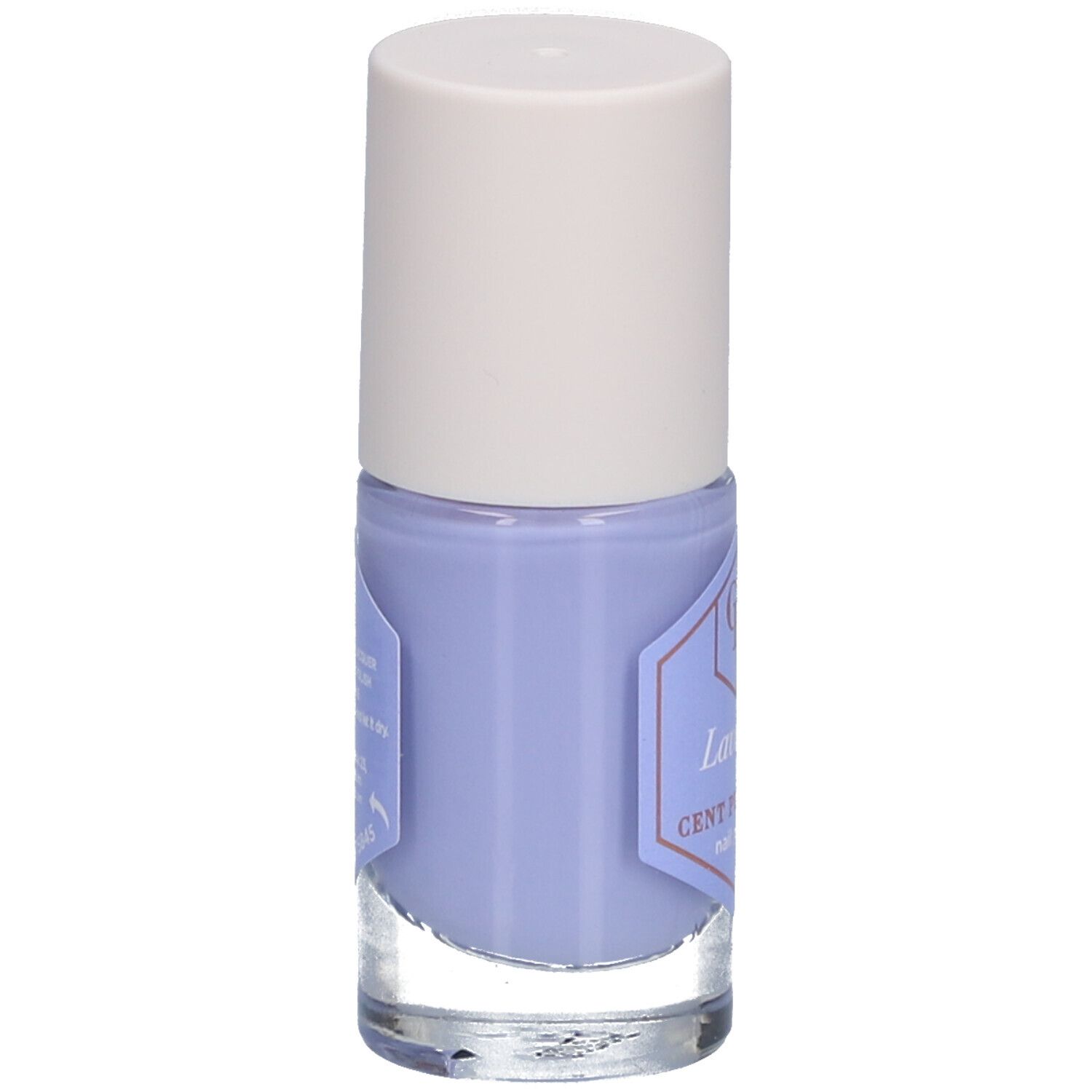 Flacon de vernis à ongles lavande. Bouchon blanc, flacon en verre avec étiquette. Inscription : Lavande, Cent Pur Cent, vernis à ongles.