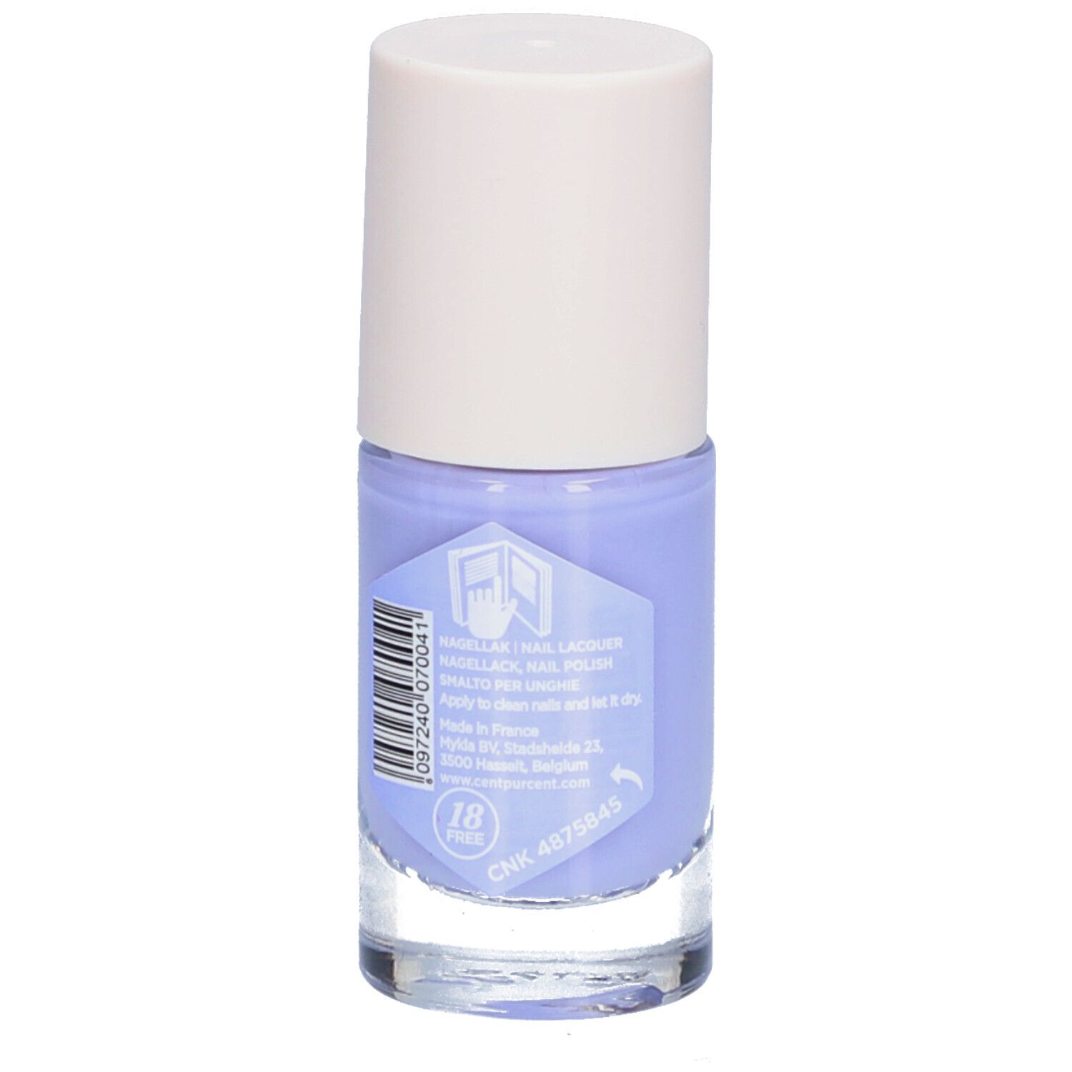 Flacon de vernis à ongles lavande. Bouchon blanc, flacon en verre avec étiquette. Inscription : Lavande, vernis à ongles, Halto per unghie.