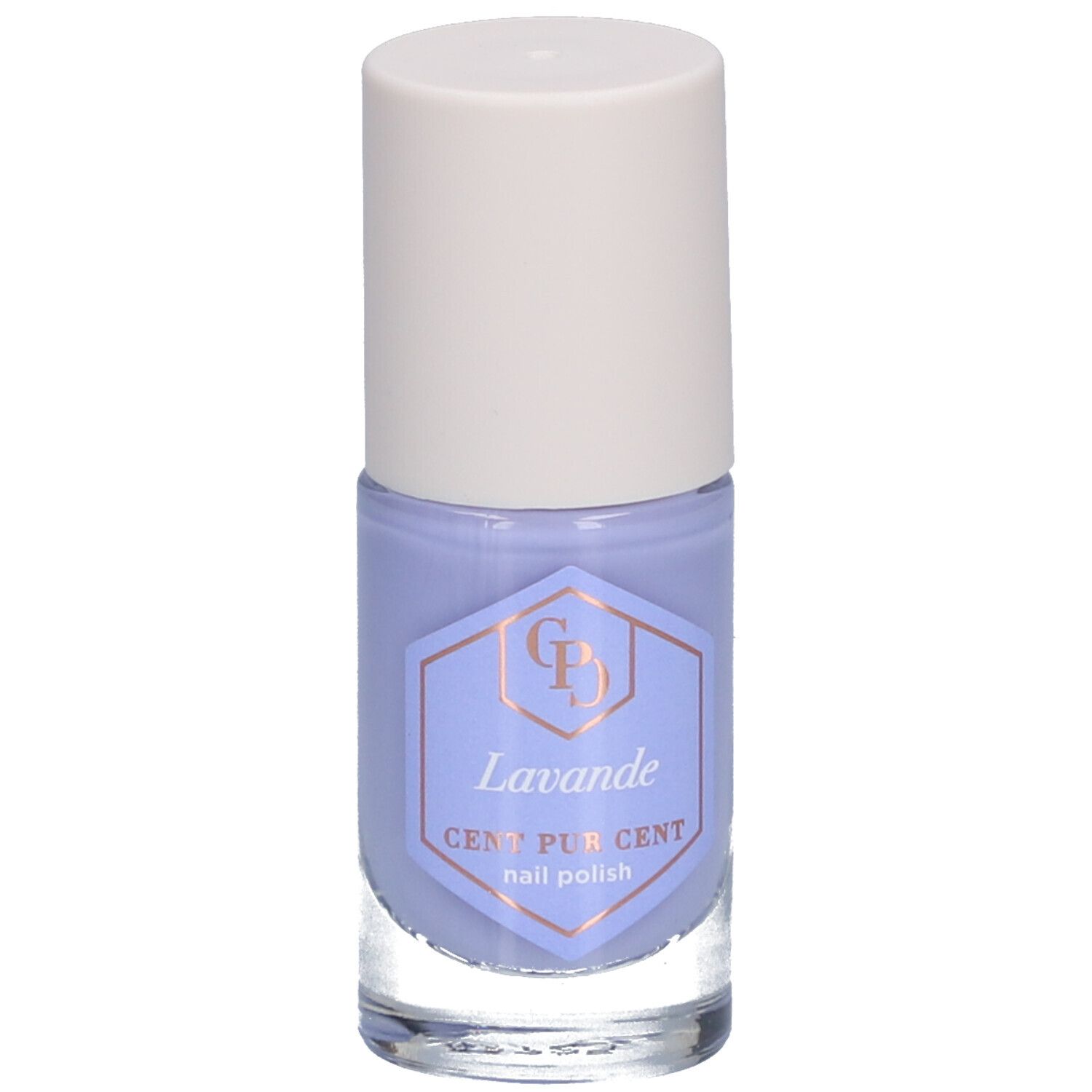Flacon de vernis à ongles lavande. Bouchon blanc, flacon en verre avec étiquette. Inscription : Lavande, Cent Pur Cent, vernis à ongles.