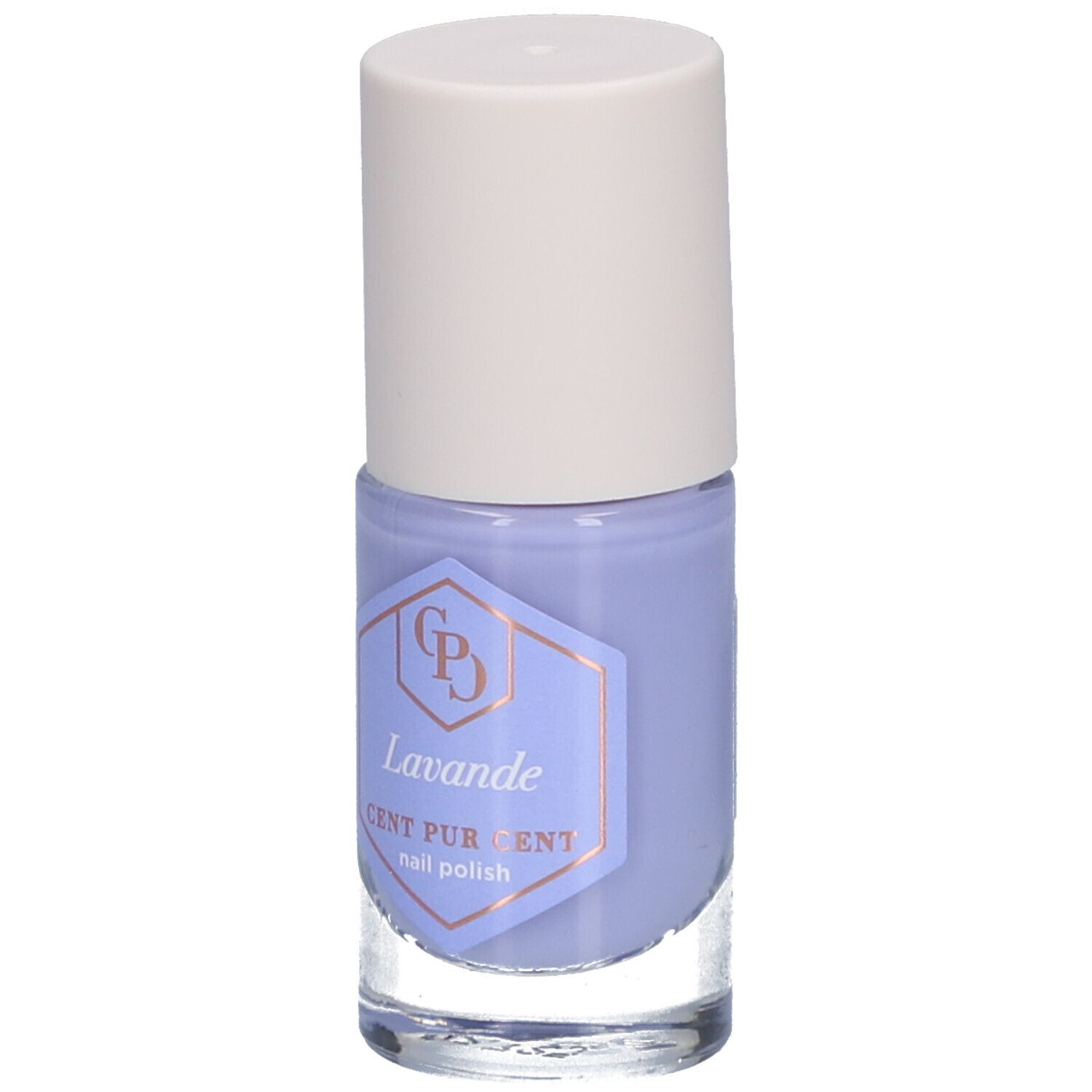 Flacon de vernis à ongles lavande. Bouchon blanc, flacon en verre avec étiquette. Inscription : Lavande, Cent Pur Cent, vernis à ongles.