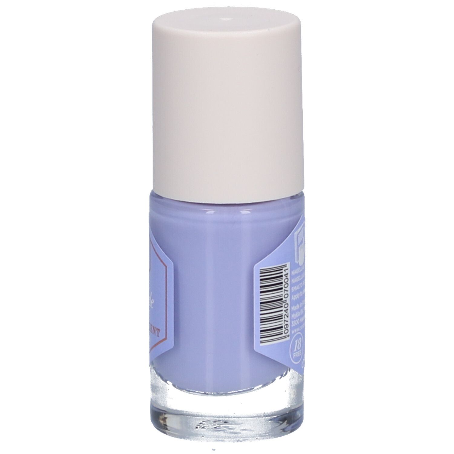 Flacon de vernis à ongles lavande. Bouchon blanc, flacon en verre avec étiquette. Inscription : Lavande, vernis à ongles, Halto per unghie.
