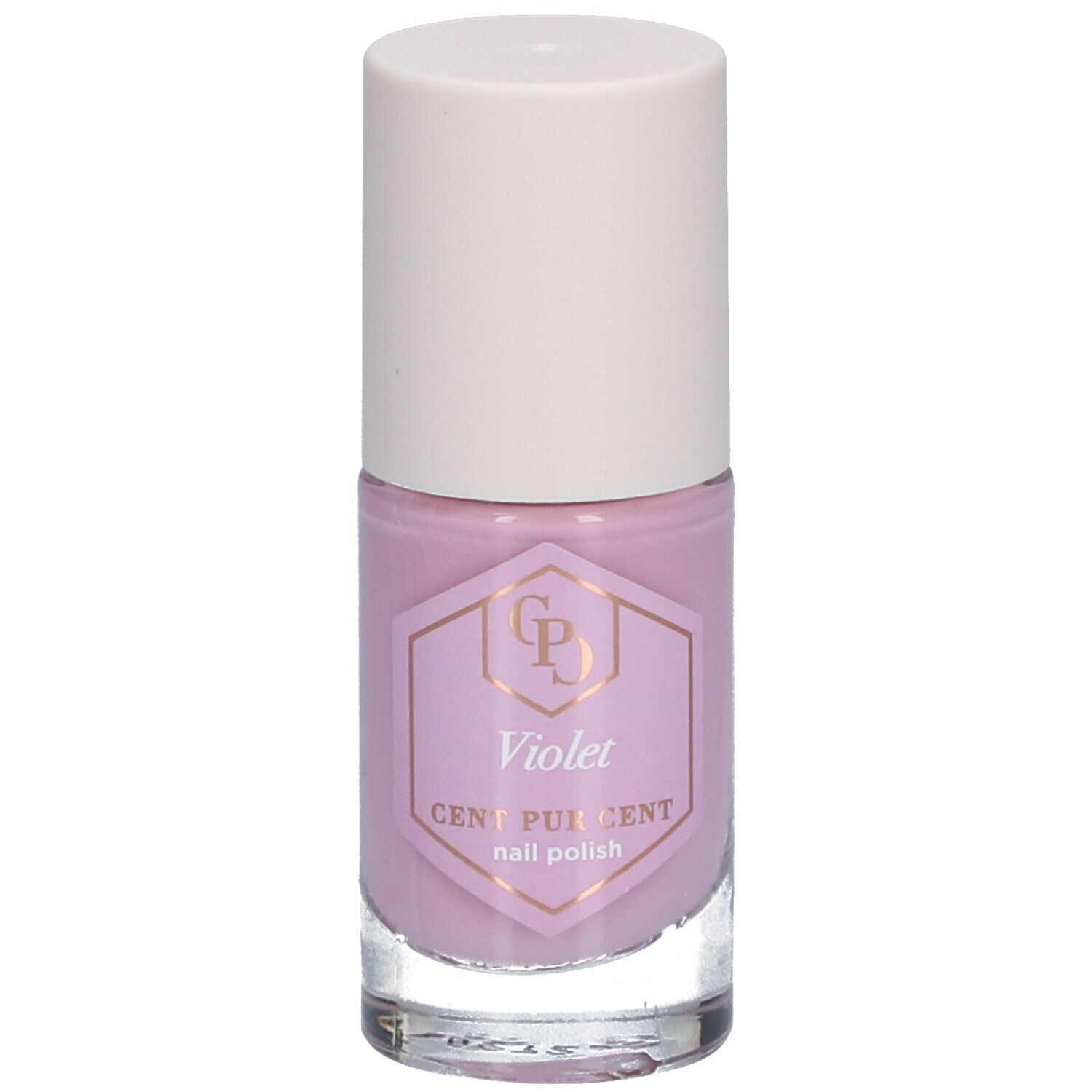 Flacon de vernis à ongles violet. Bouchon blanc, flacon en verre transparent. Étiquette avec texte : Violet, Cent Pur Cent, vernis à ongles.