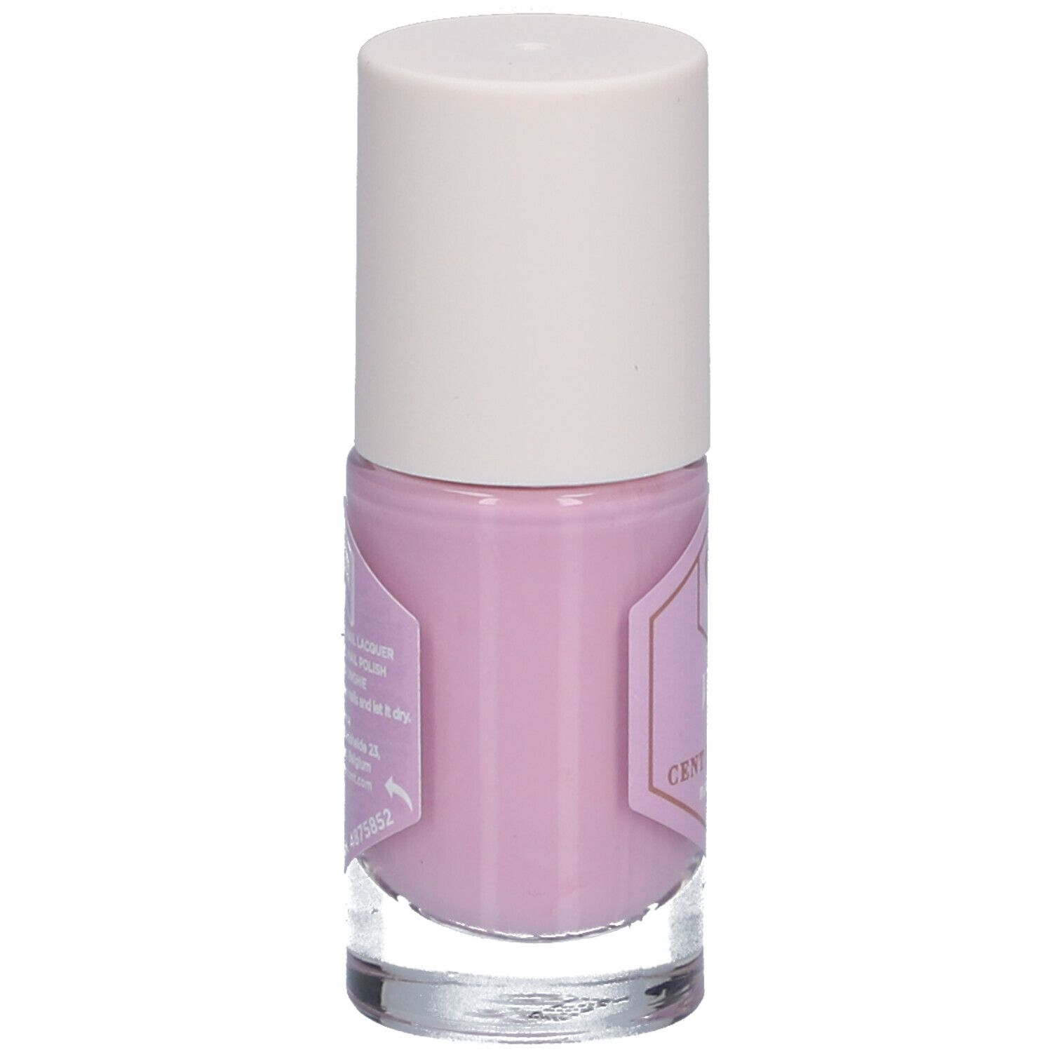 Flacon de vernis à ongles violet. Bouchon blanc, flacon en verre transparent. Étiquette avec texte et logo.