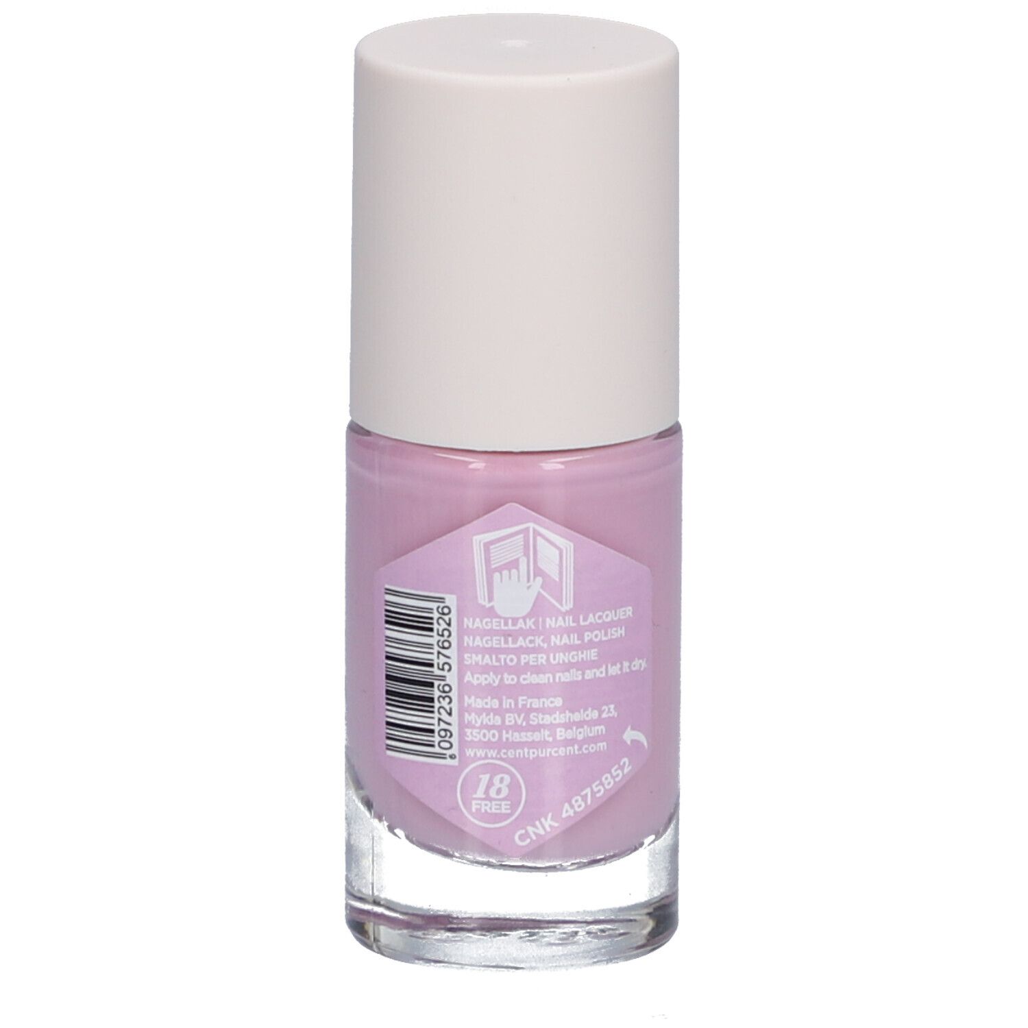 Flacon de vernis à ongles violet. Bouchon blanc, flacon en verre transparent. Étiquette avec texte, code-barres et logo.