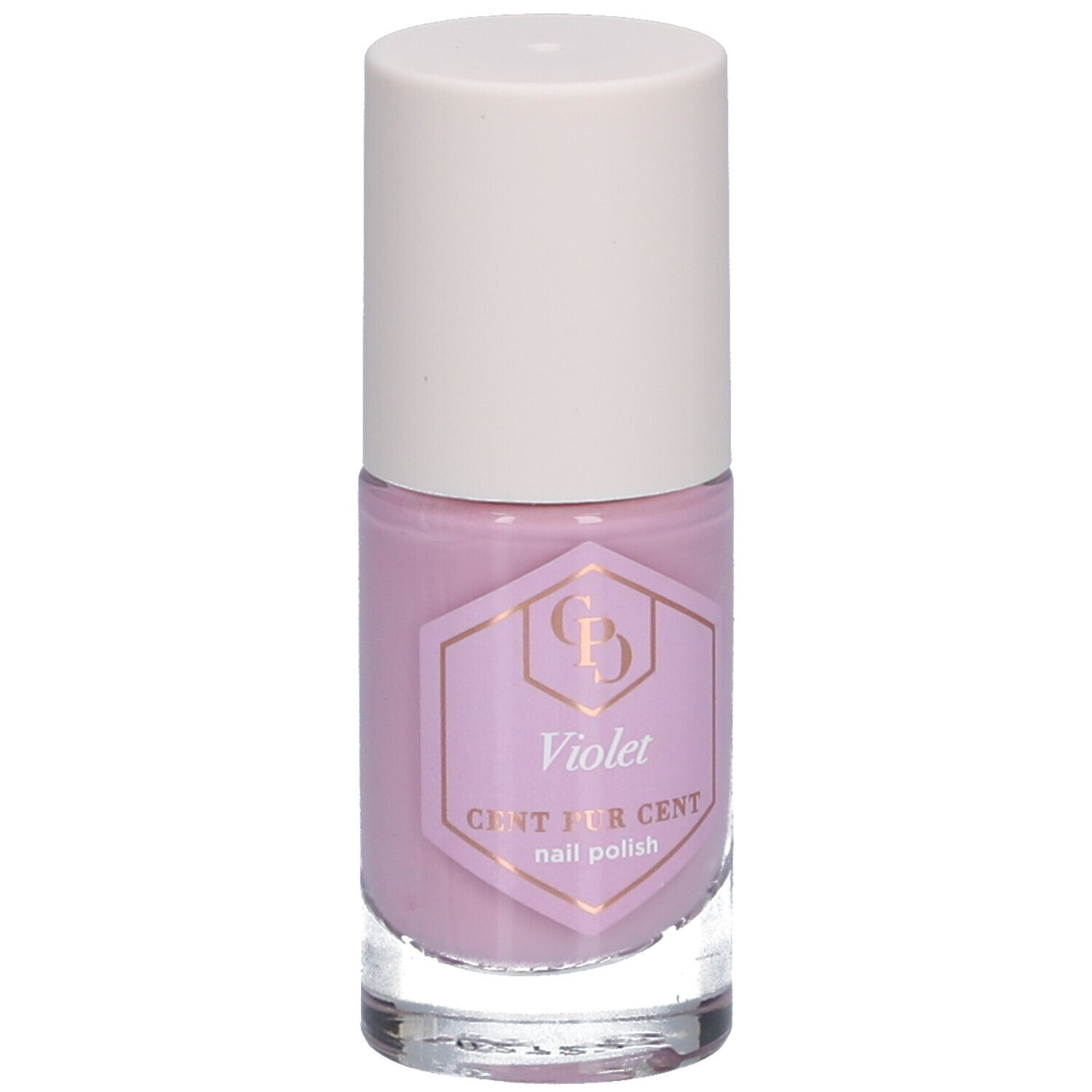 Flacon de vernis à ongles violet. Bouchon blanc, flacon en verre transparent. Étiquette avec texte : Violet, Cent Pur Cent, vernis à ongles.