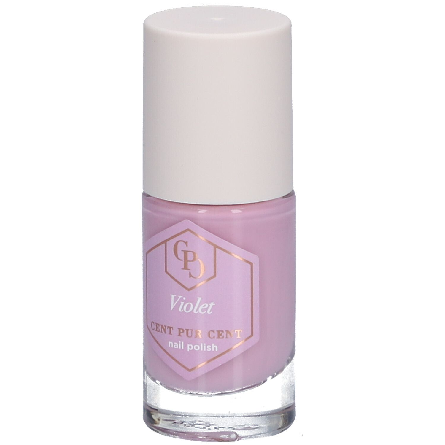 Flacon de vernis à ongles violet. Bouchon blanc, flacon en verre transparent. Étiquette avec texte : Violet, Cent Pur Cent, vernis à ongles.