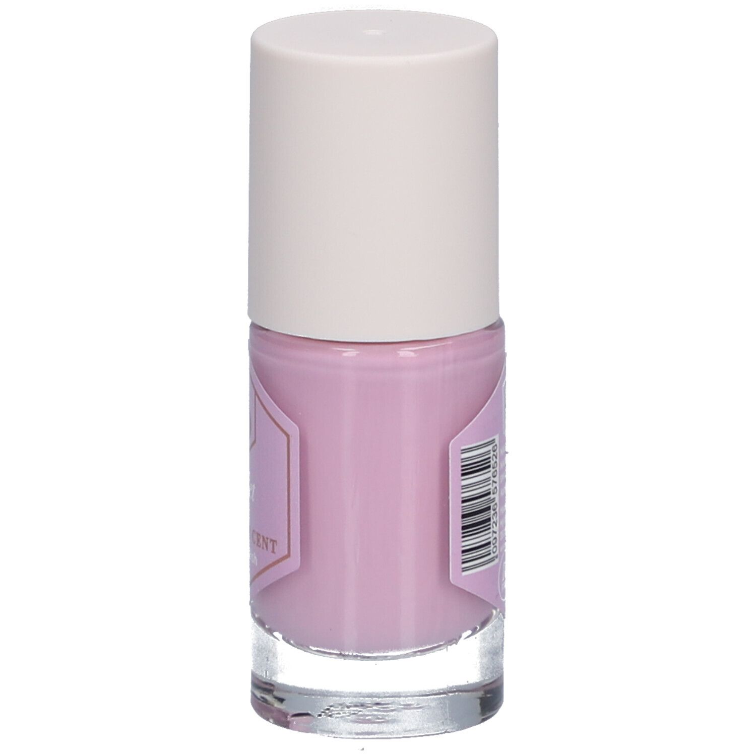 Flacon de vernis à ongles violet. Bouchon blanc, flacon en verre transparent. Étiquette avec texte et code-barres.