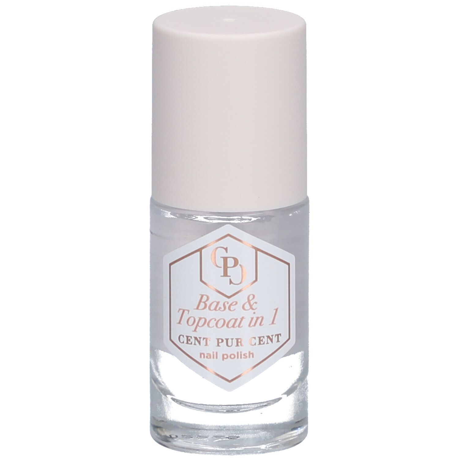 Flacon de vernis à ongles transparent avec bouchon blanc. Étiquette "Base & Topcoat in 1" et "CENT PUR CENT".