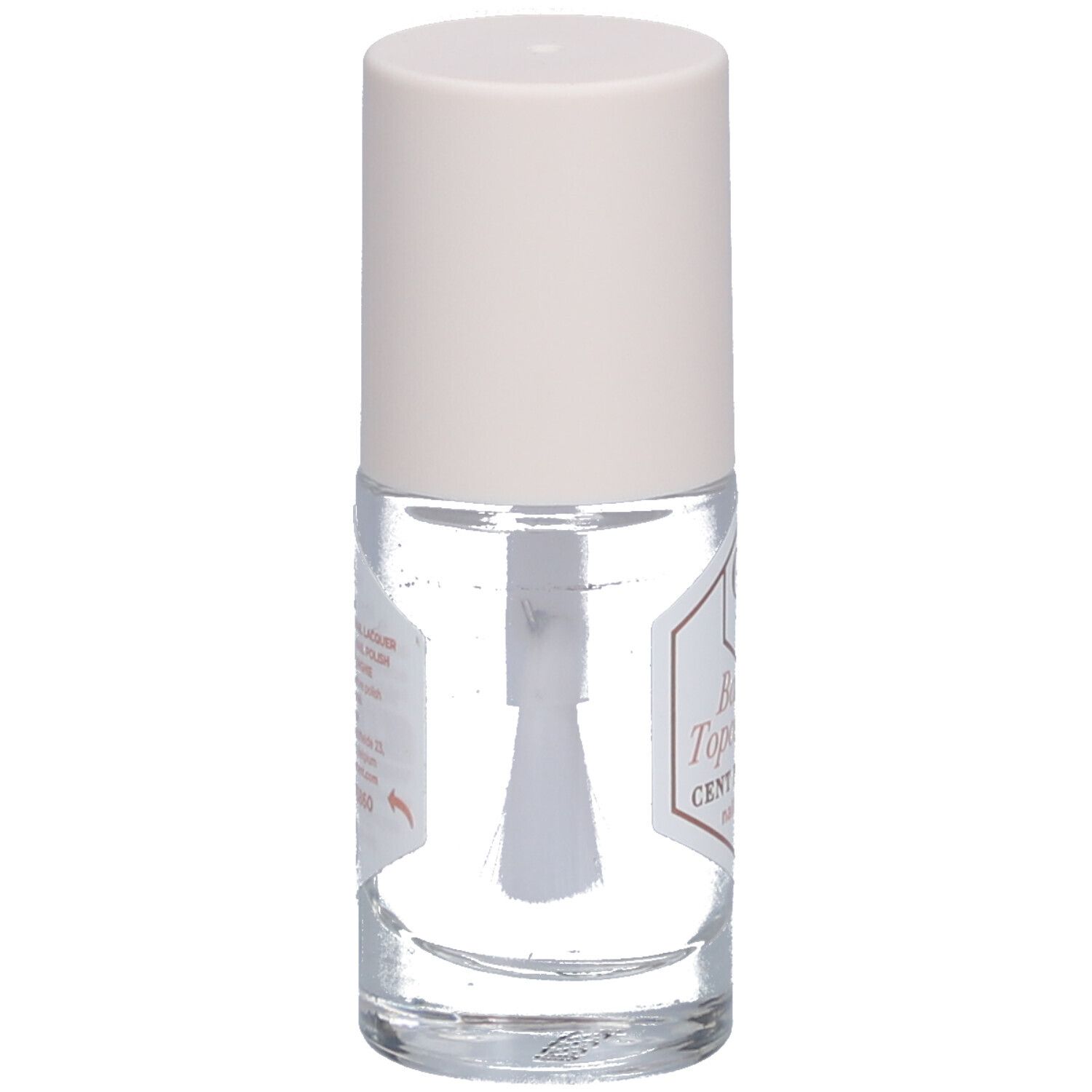 Flacon de vernis à ongles transparent avec bouchon blanc. Pinceau visible. Étiquette avec texte.