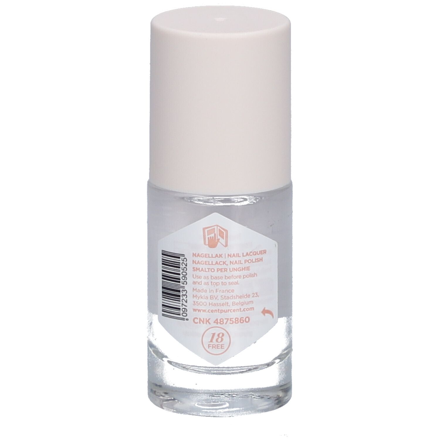 Flacon de vernis transparent avec bouchon blanc. Dos avec texte et code-barres. Autocollant "18 FREE".