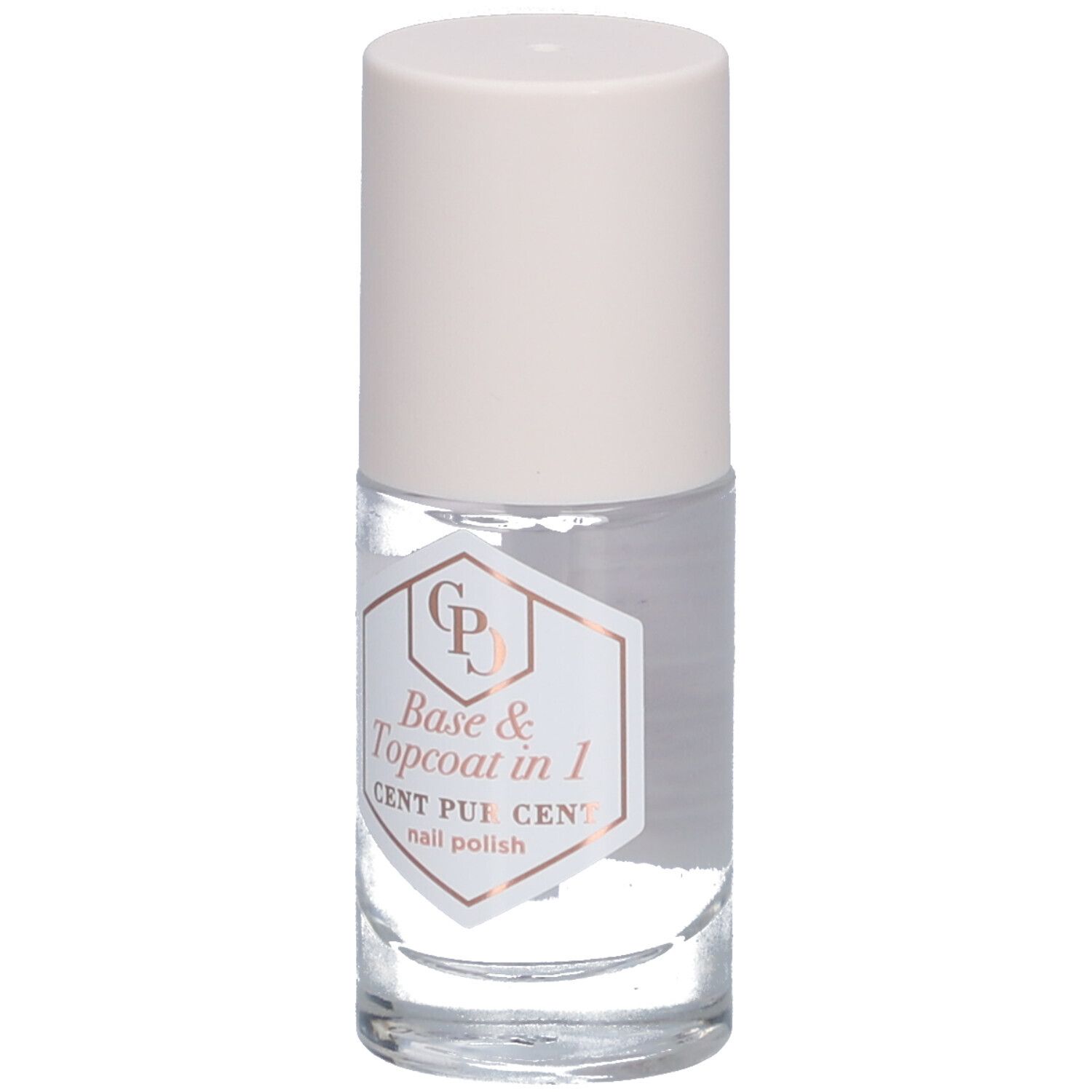 Flacon de vernis à ongles transparent avec bouchon blanc. Étiquette "Base & Topcoat in 1" et "CENT PUR CENT".