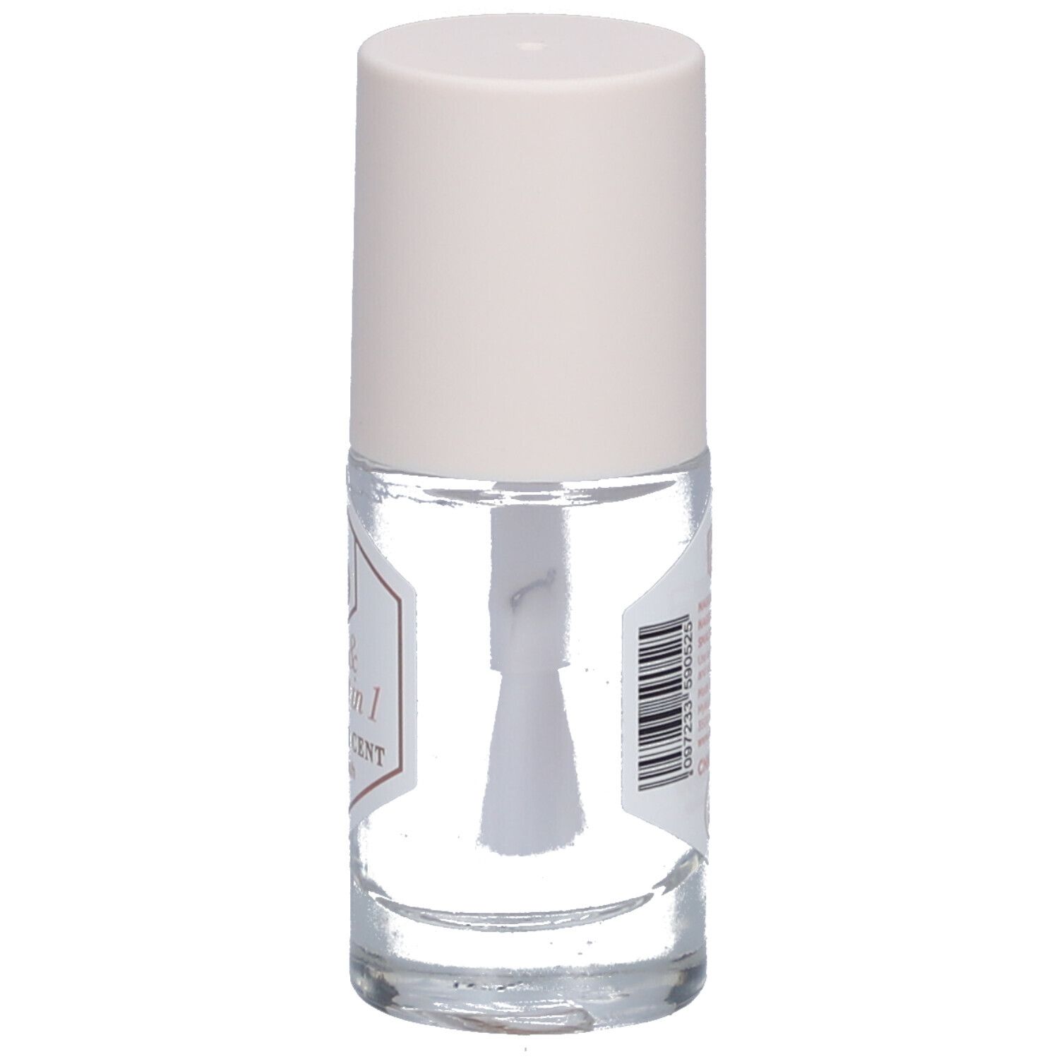 Flacon de vernis à ongles transparent avec bouchon blanc. Pinceau visible. Étiquette avec texte.