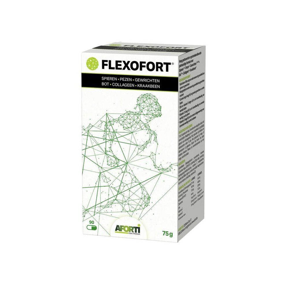 Emballage Flexofort avec figure humaine stylisée, logo et informations produit.