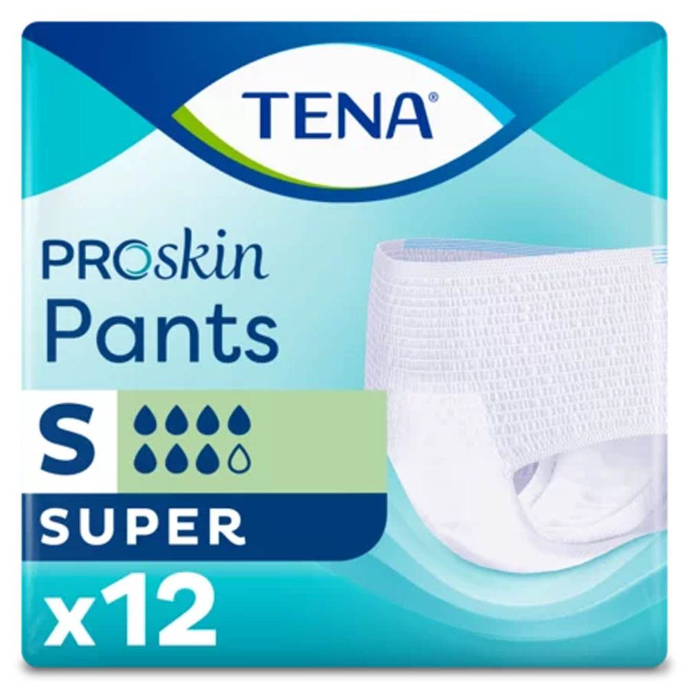 Paquet de TENA ProSkin Pants, taille S, super. Emballage bleu avec image du produit et informations.