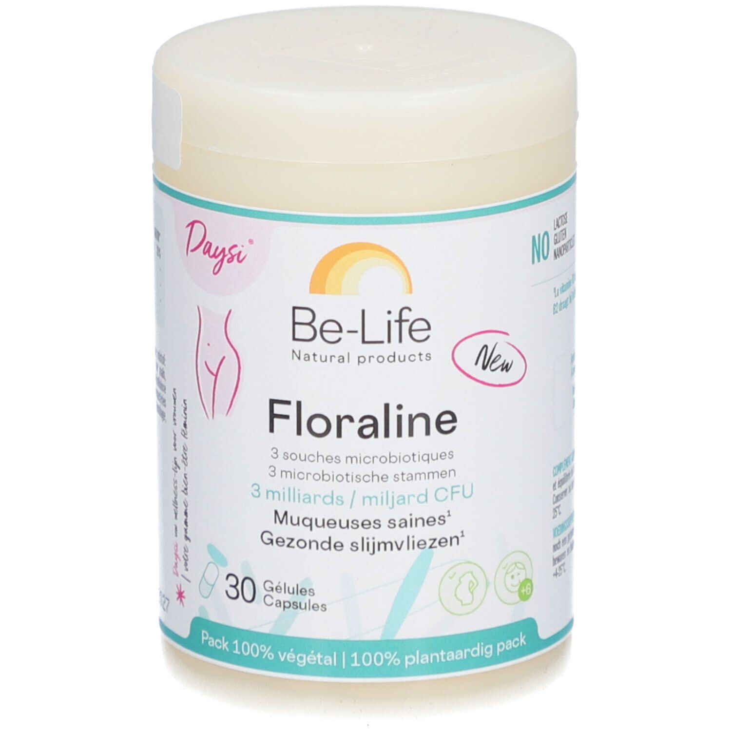 Pot Be-Life Floraline. Inscription: 30 gélules, 3 milliards d'UFC, vitamine B2. Emballage 100% végétal.