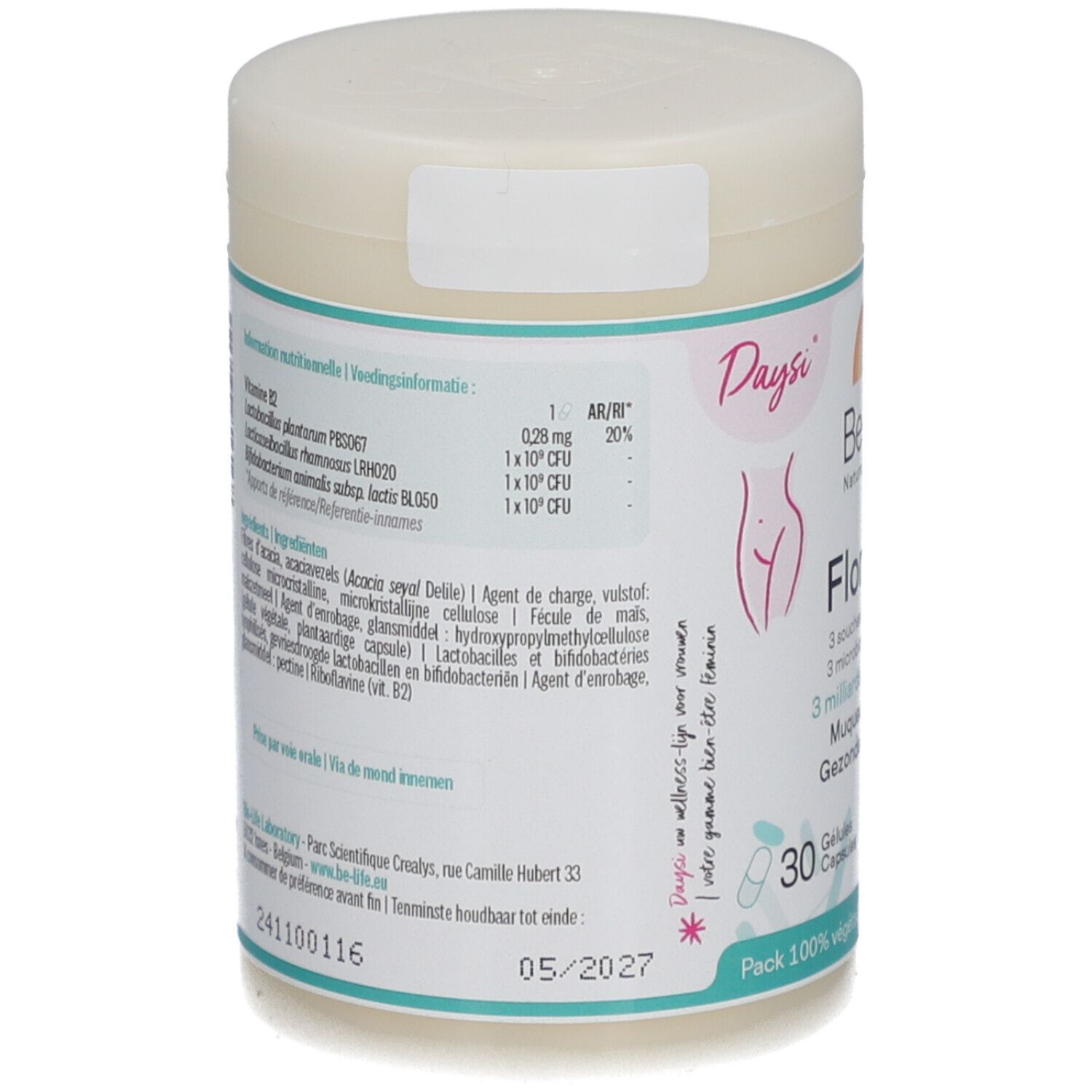 Pot Be-Life Floraline, dos. Liste des ingrédients, informations nutritionnelles, date d'expiration 05/2027. Emballage 100% végétal.