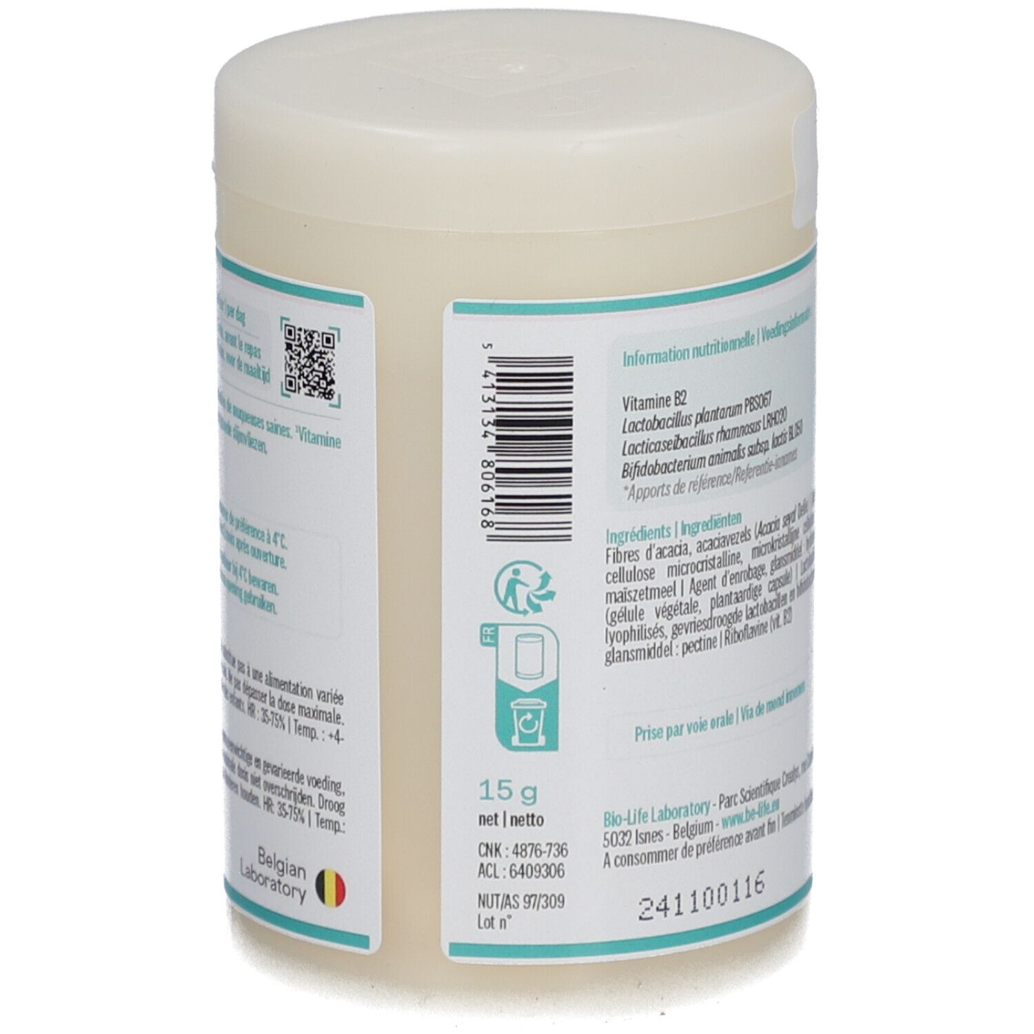 Pot Be-Life Floraline, dos. Code QR, poids net 15 g, numéro de lot. Belgian Laboratory.