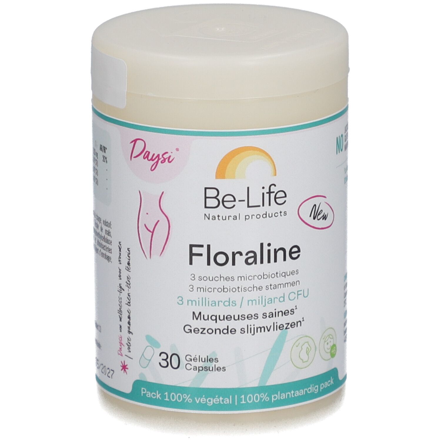 Pot Be-Life Floraline. Inscription: 30 gélules, 3 milliards d'UFC, vitamine B2. Emballage 100% végétal.