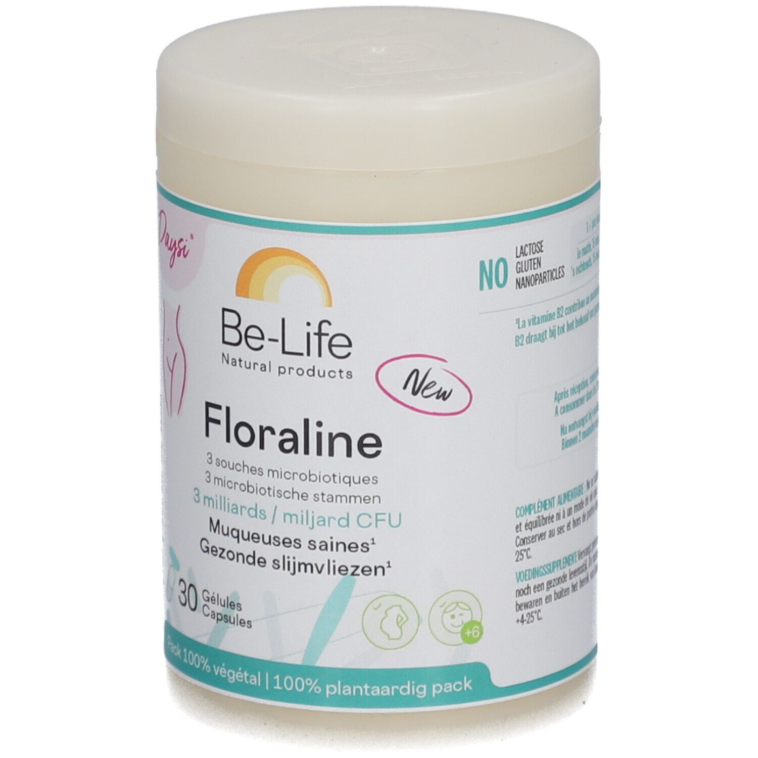 Pot Be-Life Floraline. Inscription: 30 gélules, 3 milliards d'UFC, vitamine B2. Sans lactose et gluten.