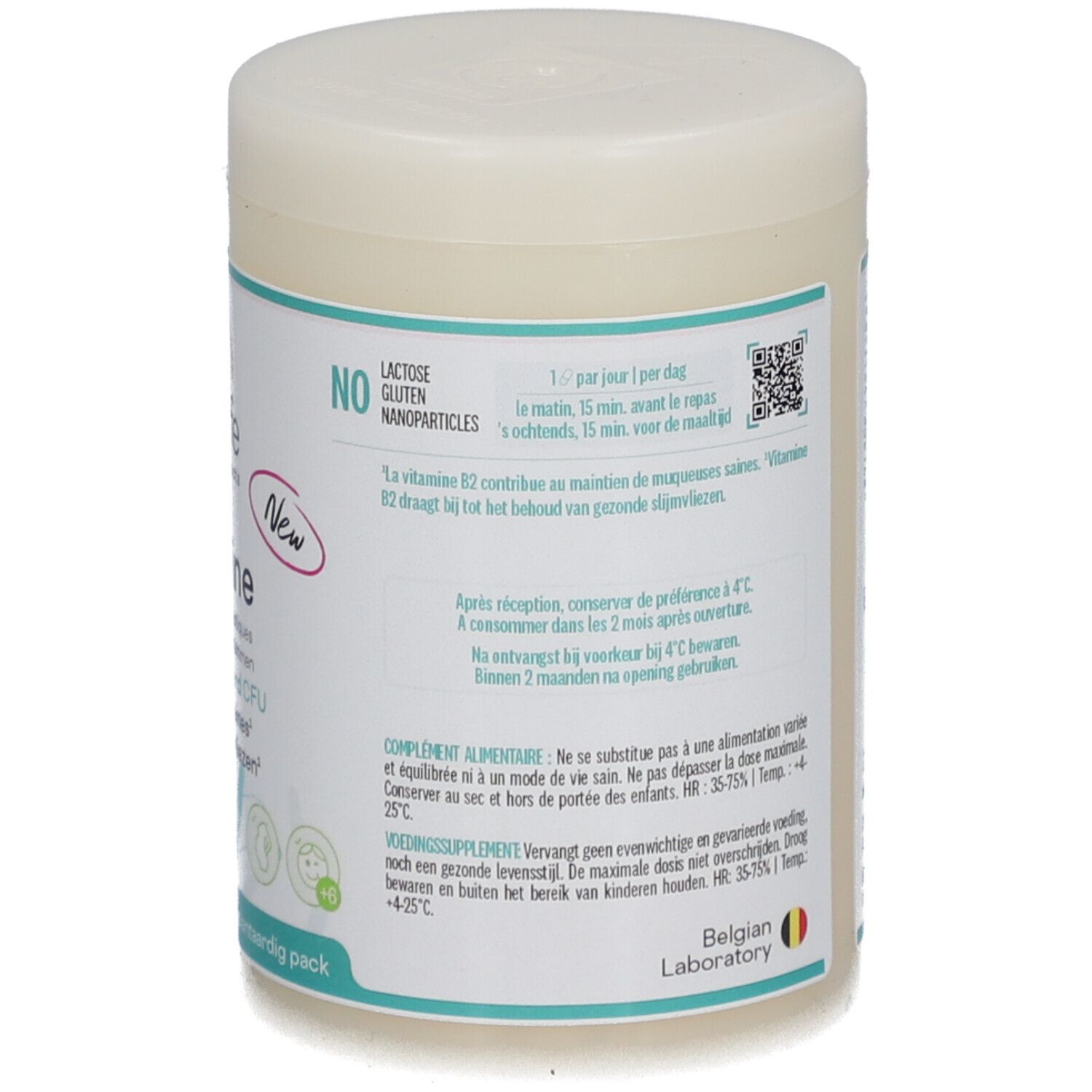 Pot Be-Life Floraline, dos. Sans lactose et gluten. Mode d'emploi, conseils de conservation, logo belge.