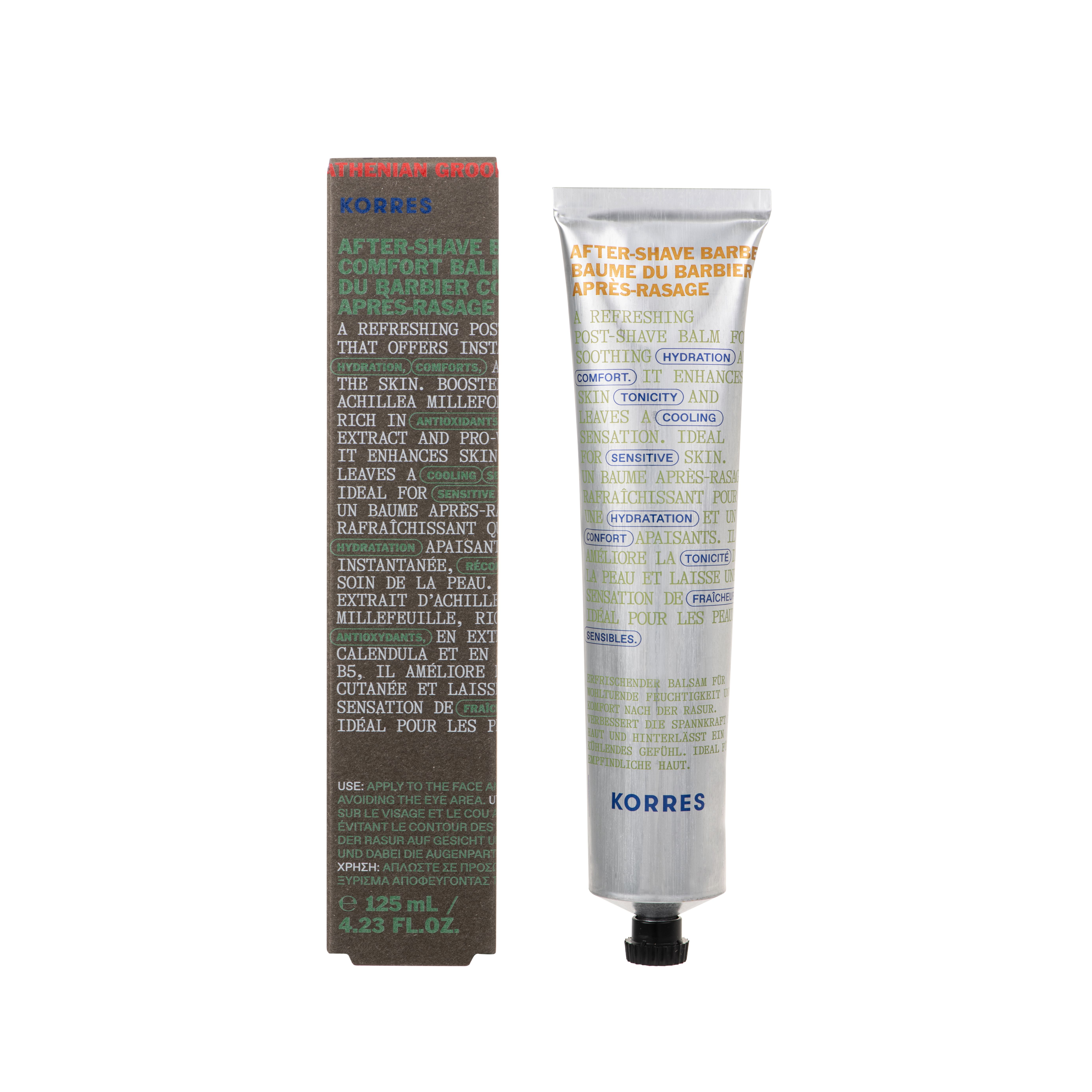 Produit et emballage. Tube et boîte. Texte: Aftershave Balm, KORRES. Inscriptions vertes et blanches.