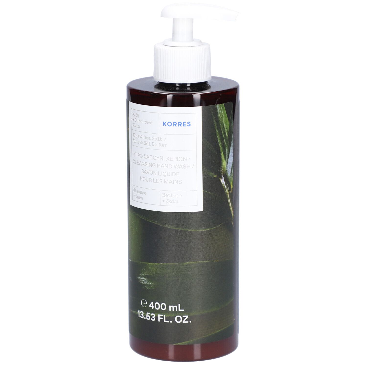 Korres savon liquide pour les mains. Flacon marron avec pompe blanche. Étiquette avec informations et logo. 400 ml.