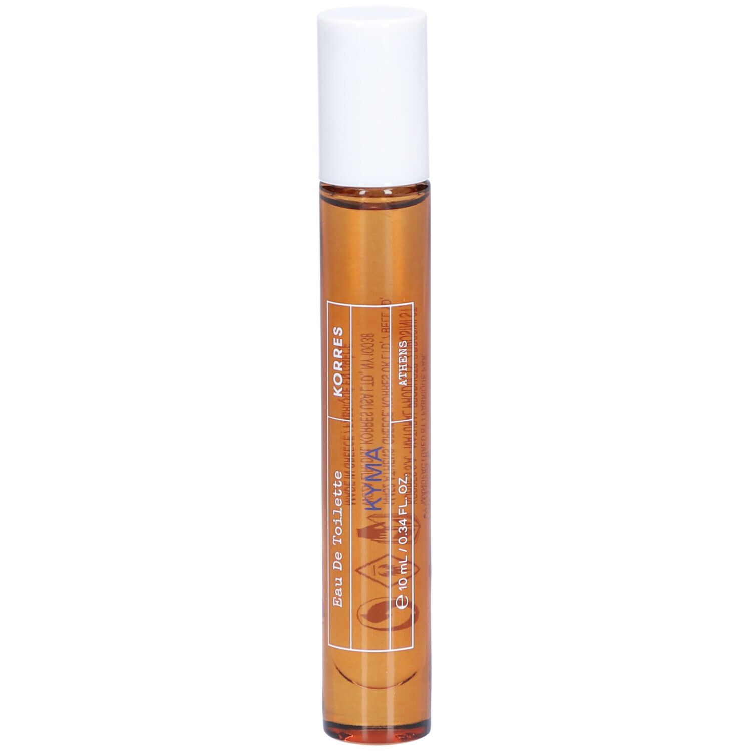 Flacon roll-on avec liquide brun et bouchon blanc. Inscriptions : Korres, Kyma, Eau de Toilette, 10 ml.