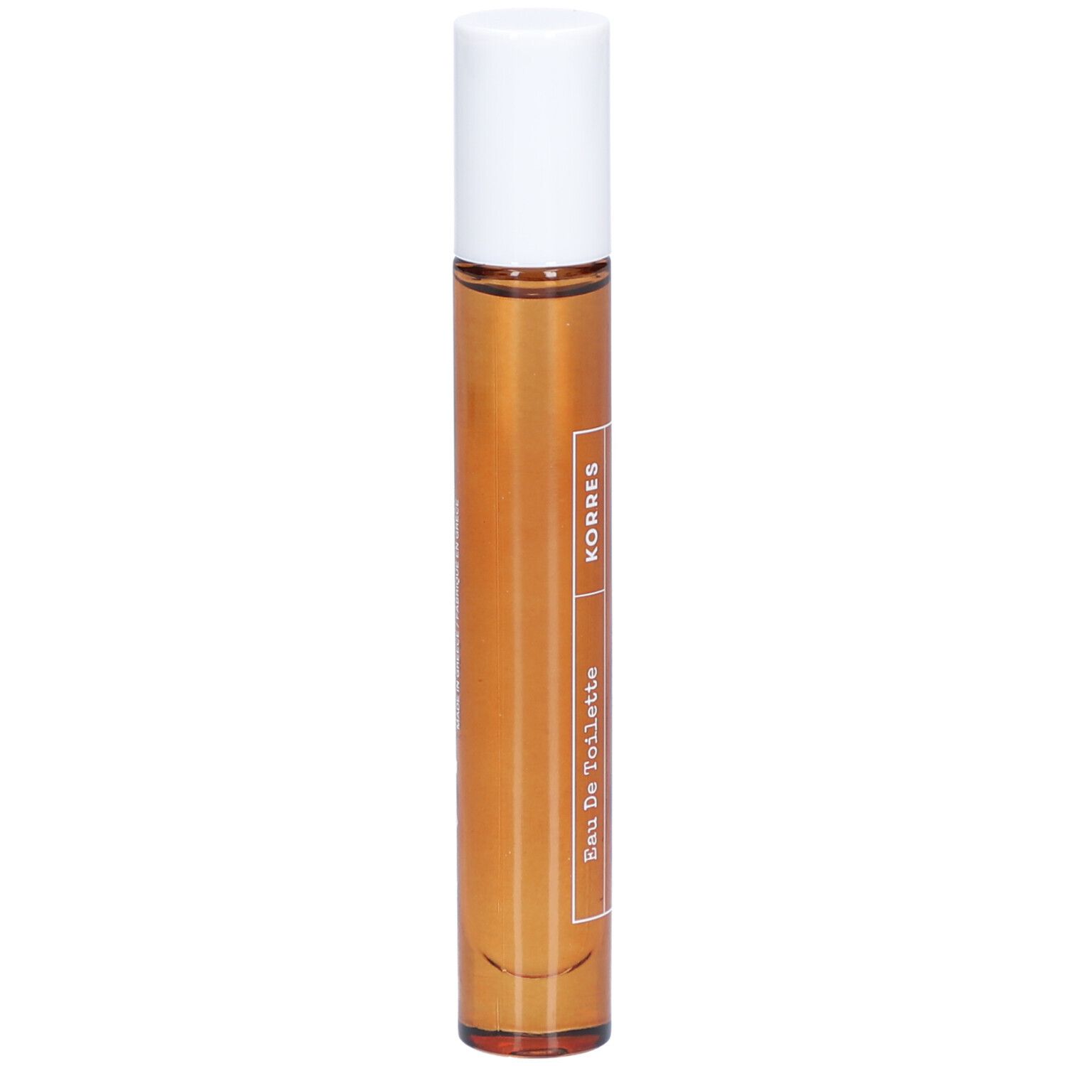 Flacon roll-on avec liquide brun et bouchon blanc. Inscriptions : Korres, Eau de Toilette.