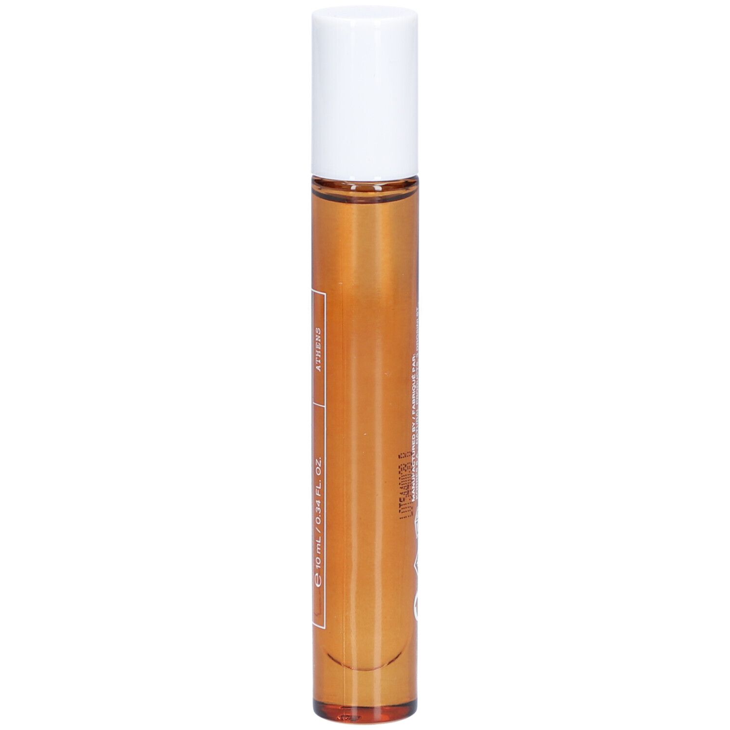 Flacon roll-on avec liquide brun et bouchon blanc. Inscriptions : Korres, Eau de Toilette, 10 ml.