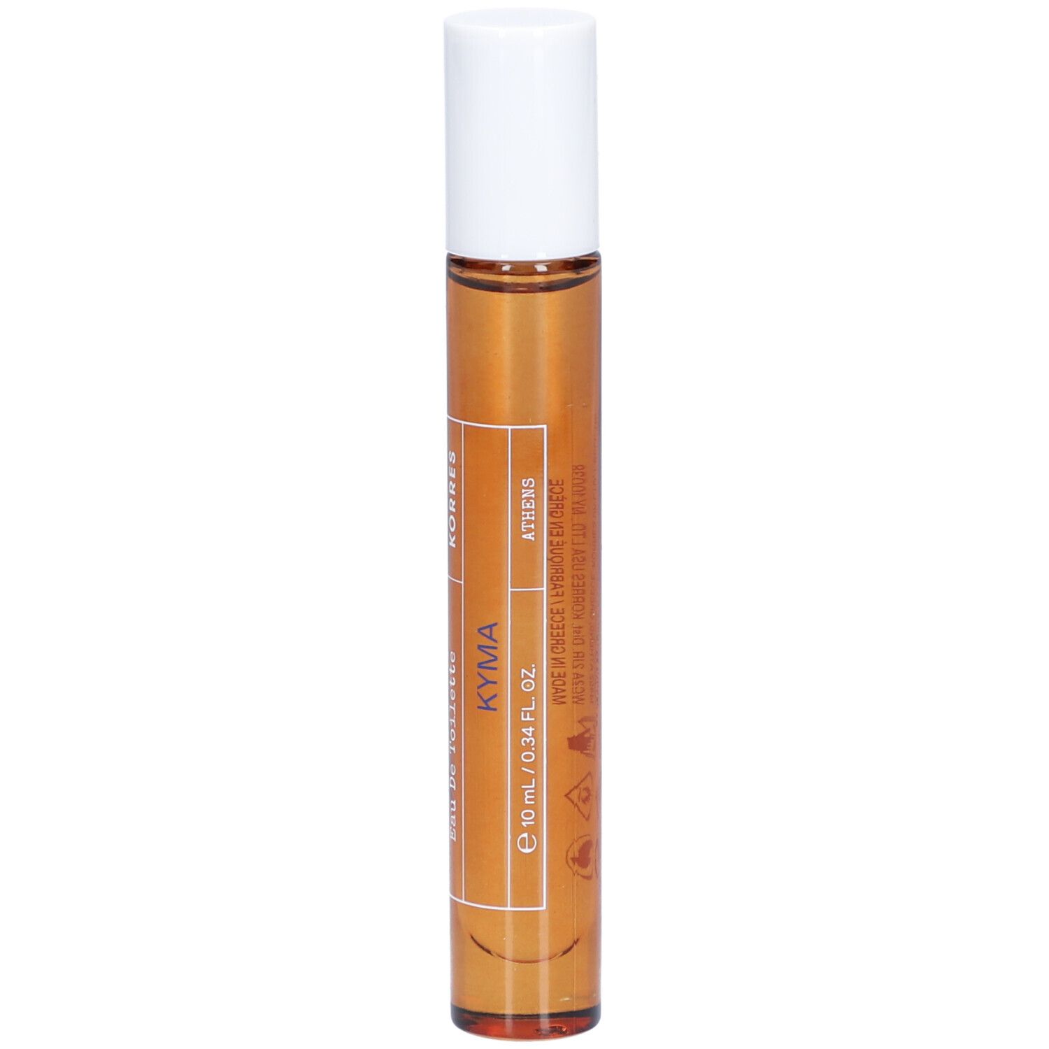 Flacon roll-on avec liquide brun et bouchon blanc. Inscriptions : Korres, Kyma, Eau de Toilette, 10 ml.