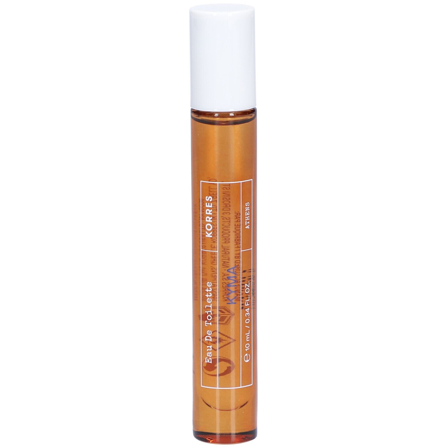 Flacon roll-on avec liquide brun et bouchon blanc. Inscriptions : Korres, Kyma, Eau de Toilette, 10 ml.